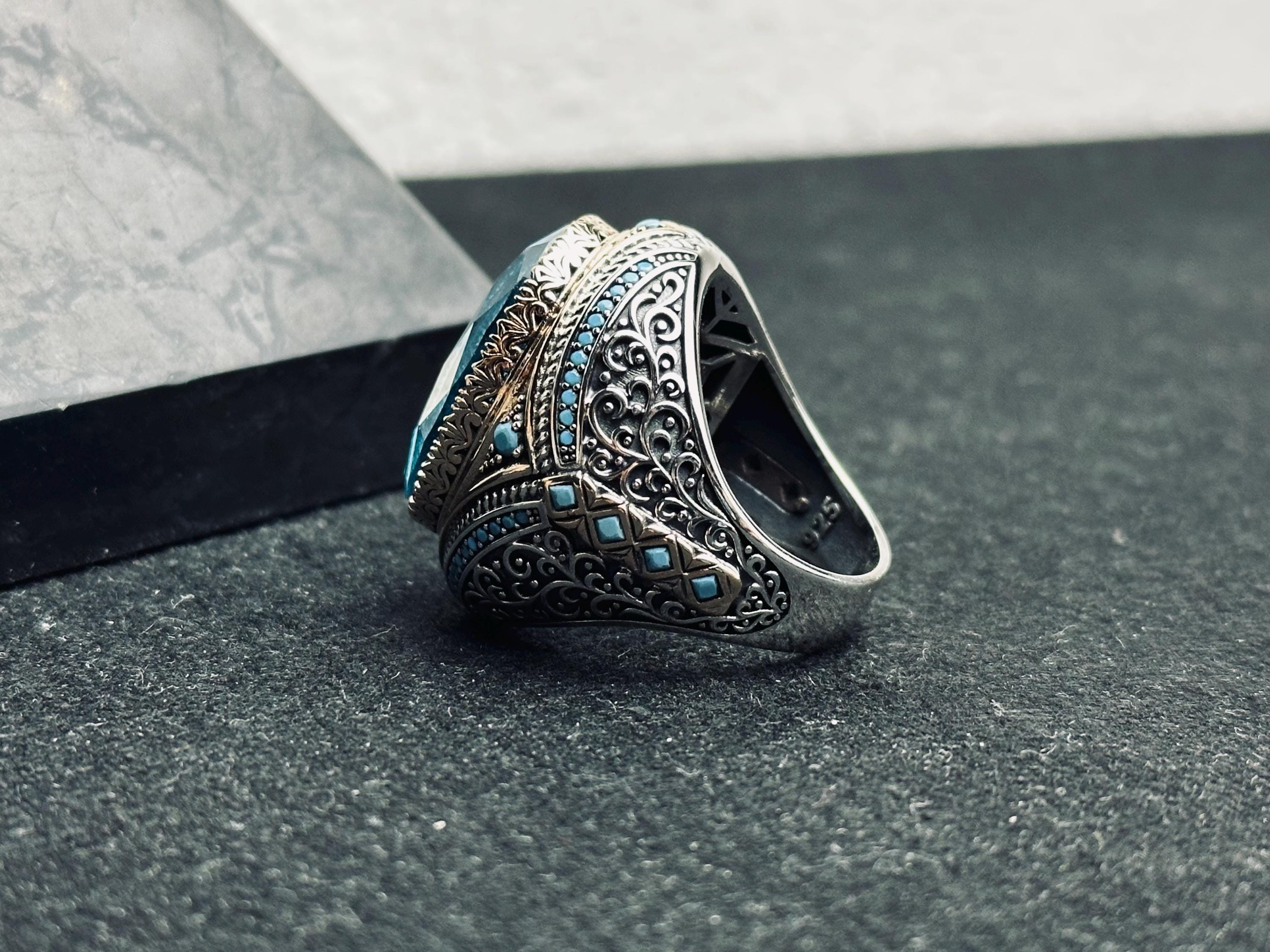 Akuamarin Gümüş Yüzük: El Yapımı Türk Süleyman Mührü Tasarımı