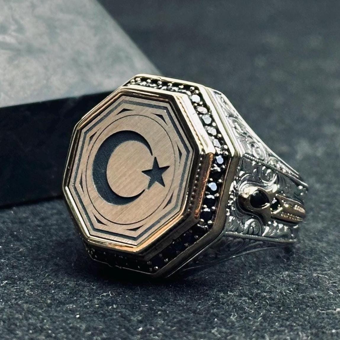 Türk Gümüş Ay Yıldız Yüzük, Osmanlı Kabartmalı (El Yapımı 925 Ayar)