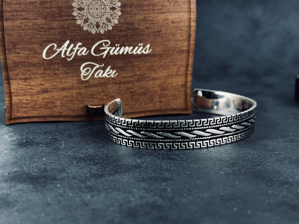 Yunan Sterlin Gümüş Kelepçe Bileklik, El Yapımı Ayarlanabilir (Unisex)