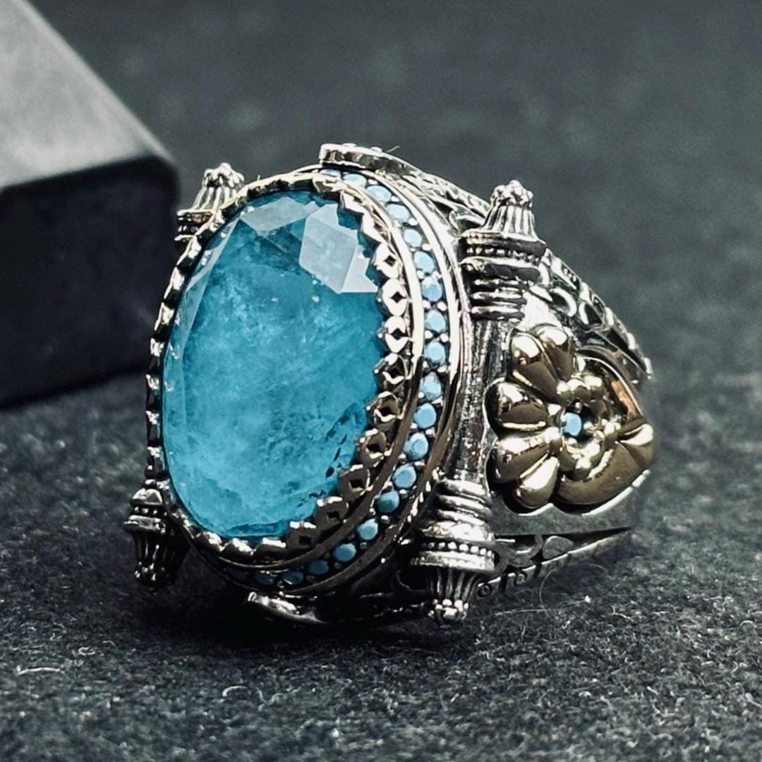 Akuamarin Mühür Yüzüğü - Sterlin Gümüş Oval Mavi Taş