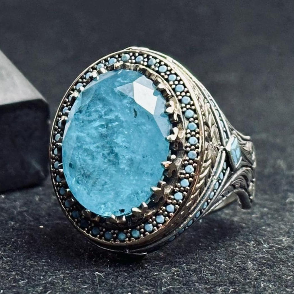 Erkekler için Som Gümüş Mühür Yüzüğü, Oval Akuamarin ve Mavi Paraiba (El Yapımı)
