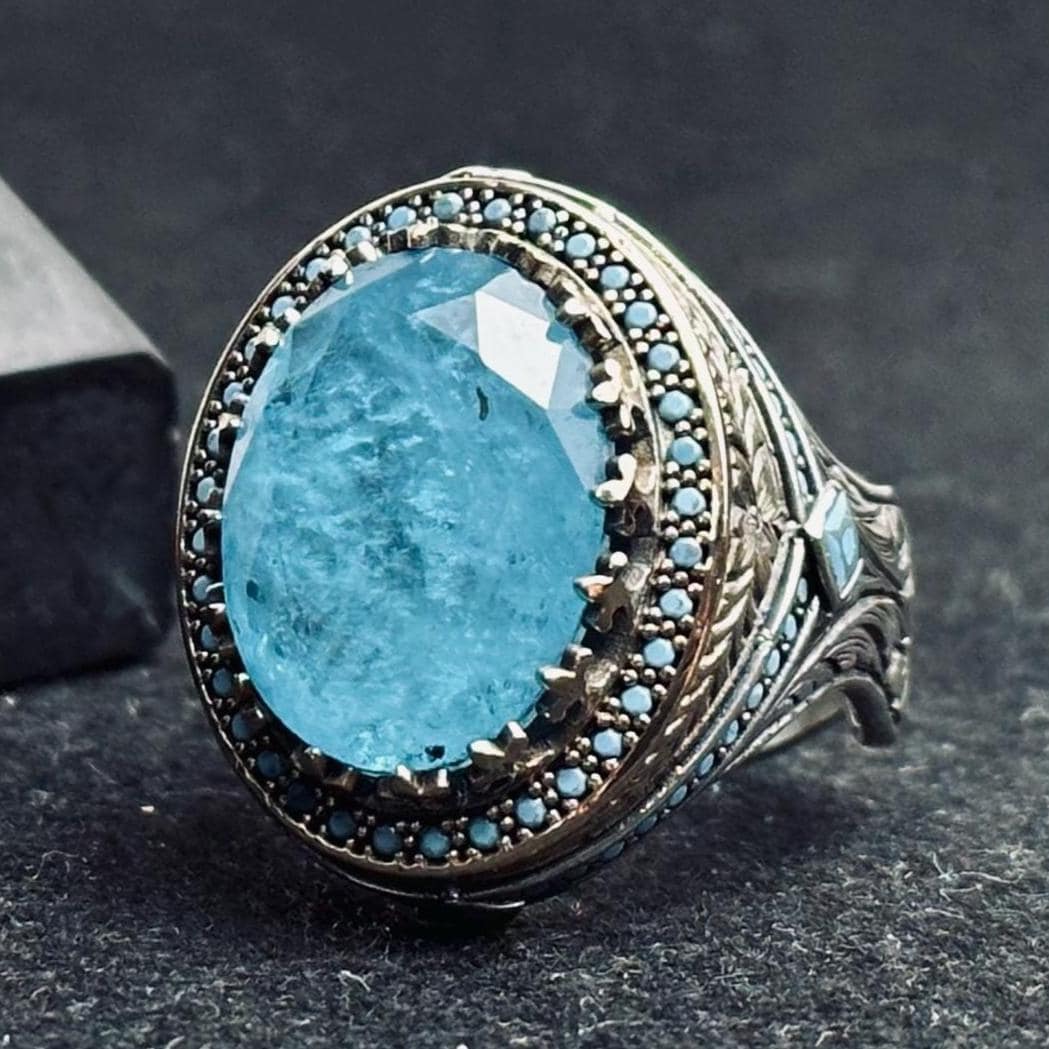 Erkekler için Som Gümüş Mühür Yüzüğü, Oval Akuamarin ve Mavi Paraiba (El Yapımı)