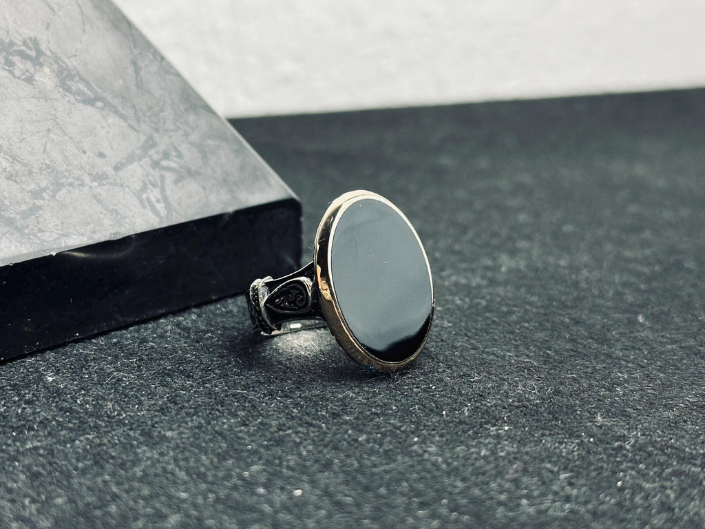 Oval Siyah Oniks Yüzük - El Yapımı Gümüş, Unisex Tarz
