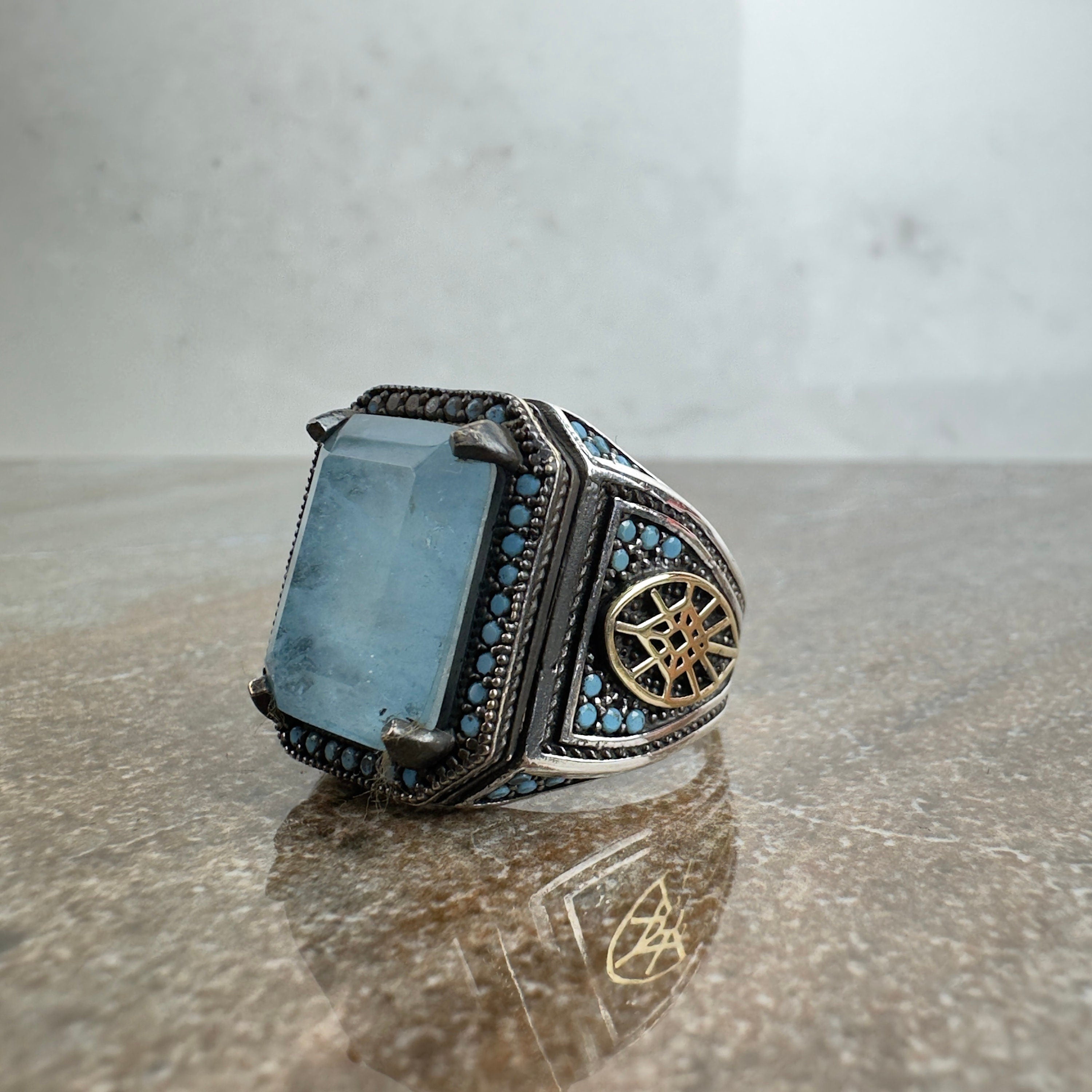 Akuamarin Gümüş Yüzük - El Yapımı Erkek Statement Takı
