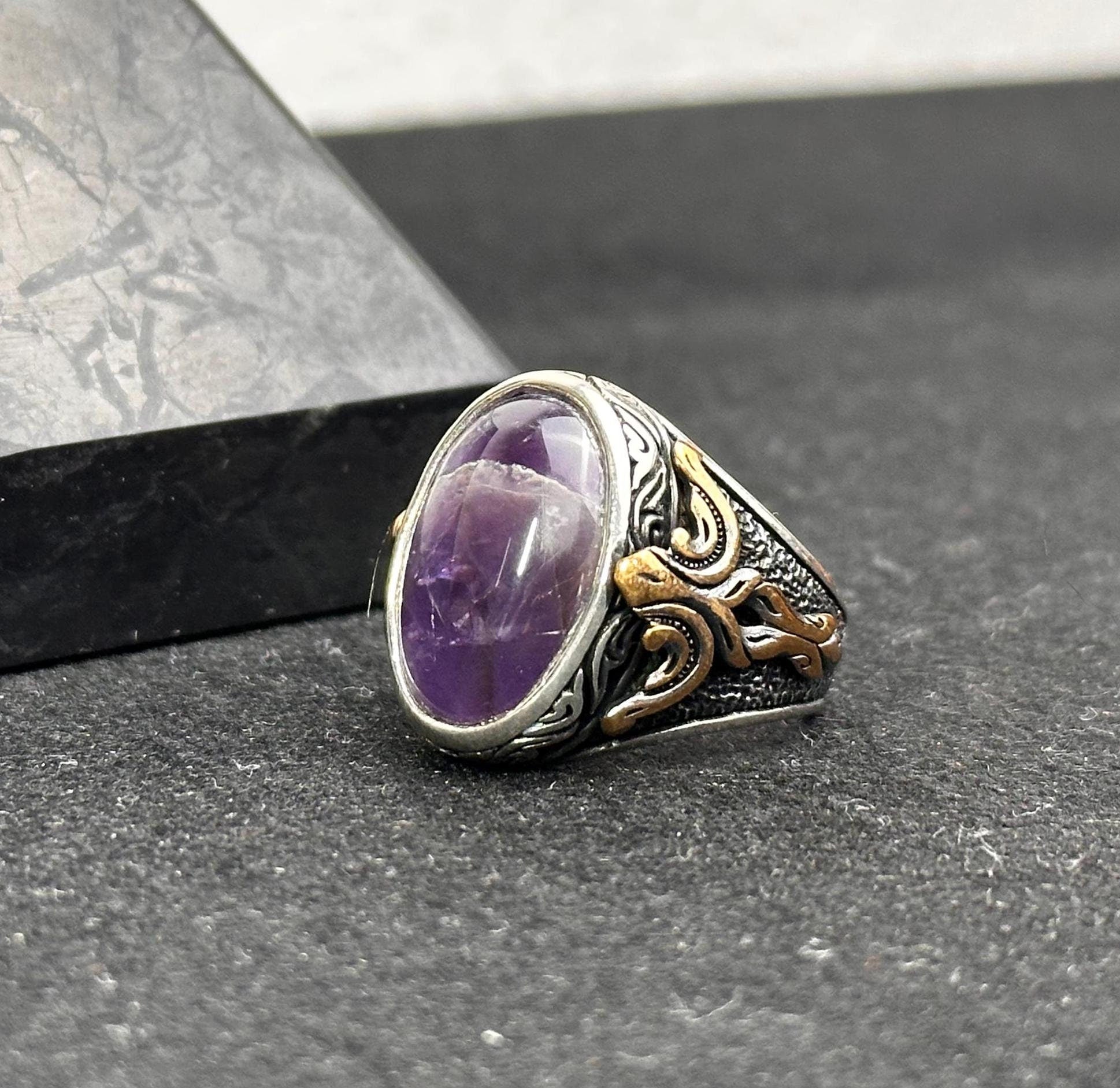Ametist Gümüş Yüzük - El Yapımı Erkek Değerli Taş Takı