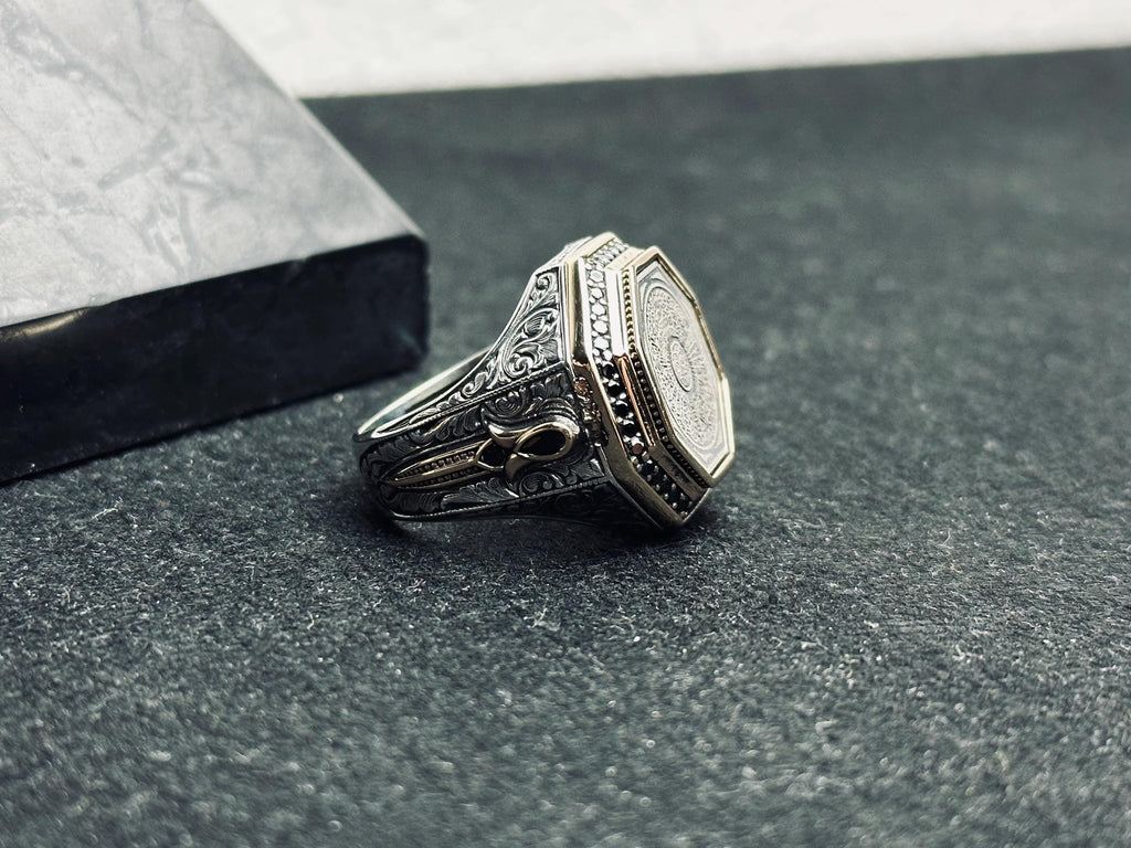 İslami Gümüş Yüzük, Sekizgen Dua, Arapça Hat Sanatı (Unisex)