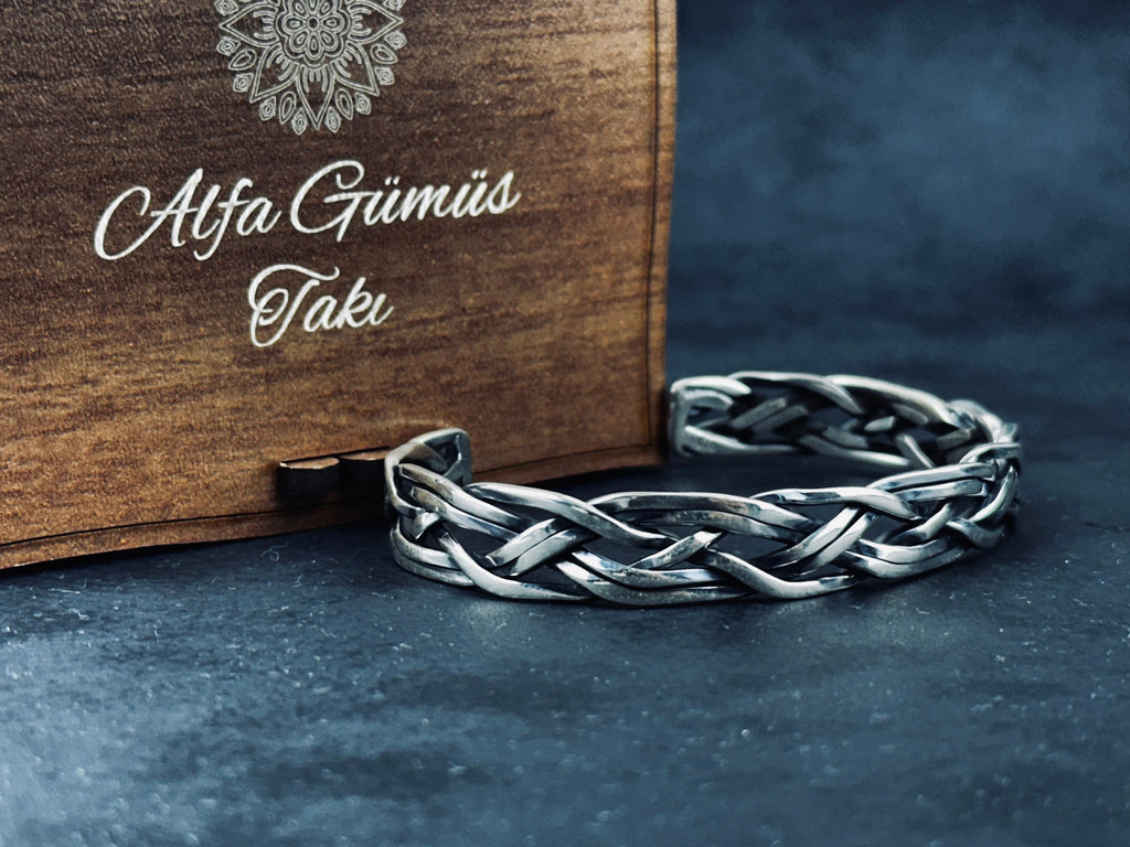 Savaşçı Stil Gümüş Bileklik, Örme Gümüş (El Yapımı, Erkek)