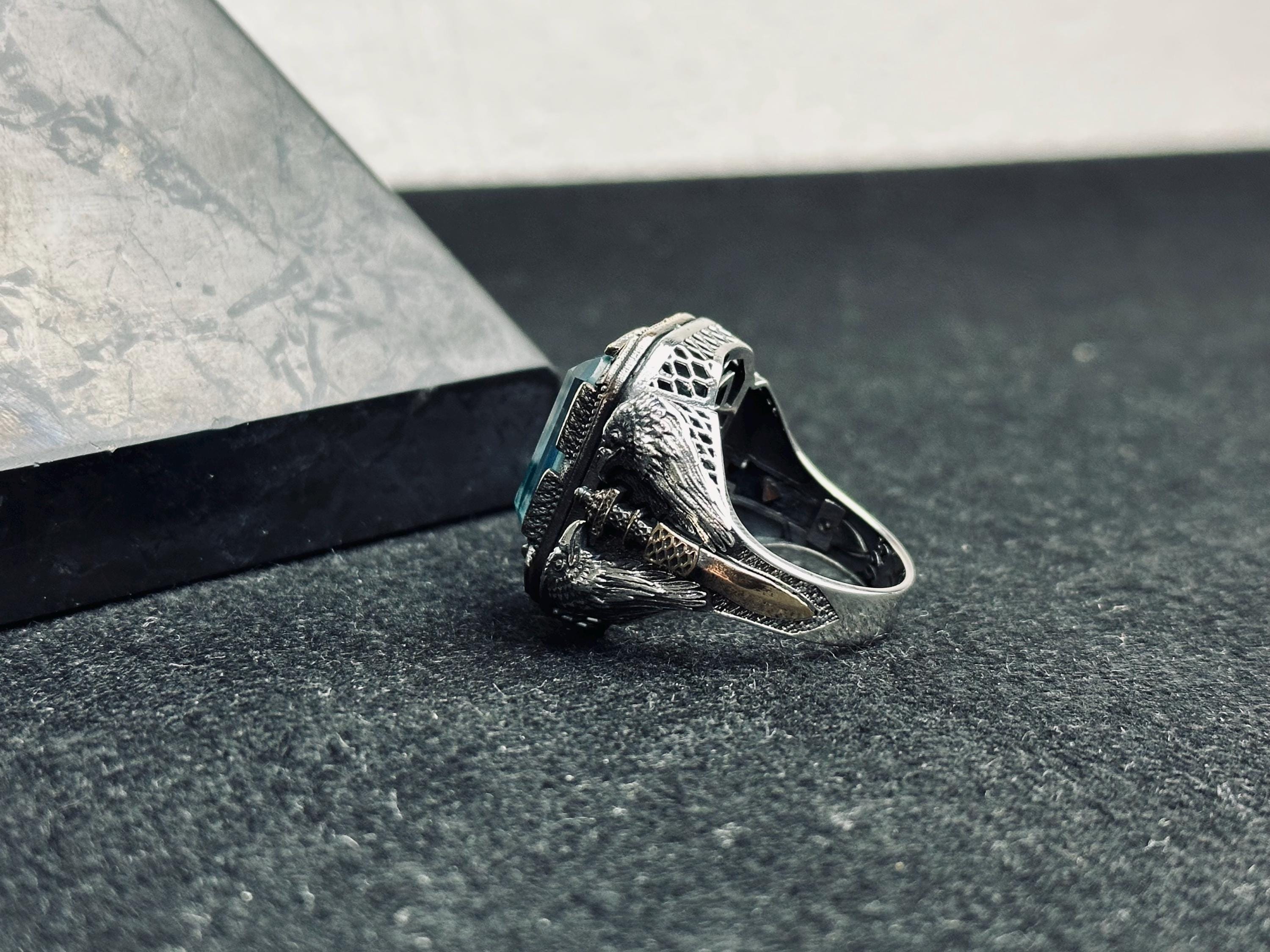 Akuamarin Erkek Yüzük: Çift Kartal Kafası, Gümüş