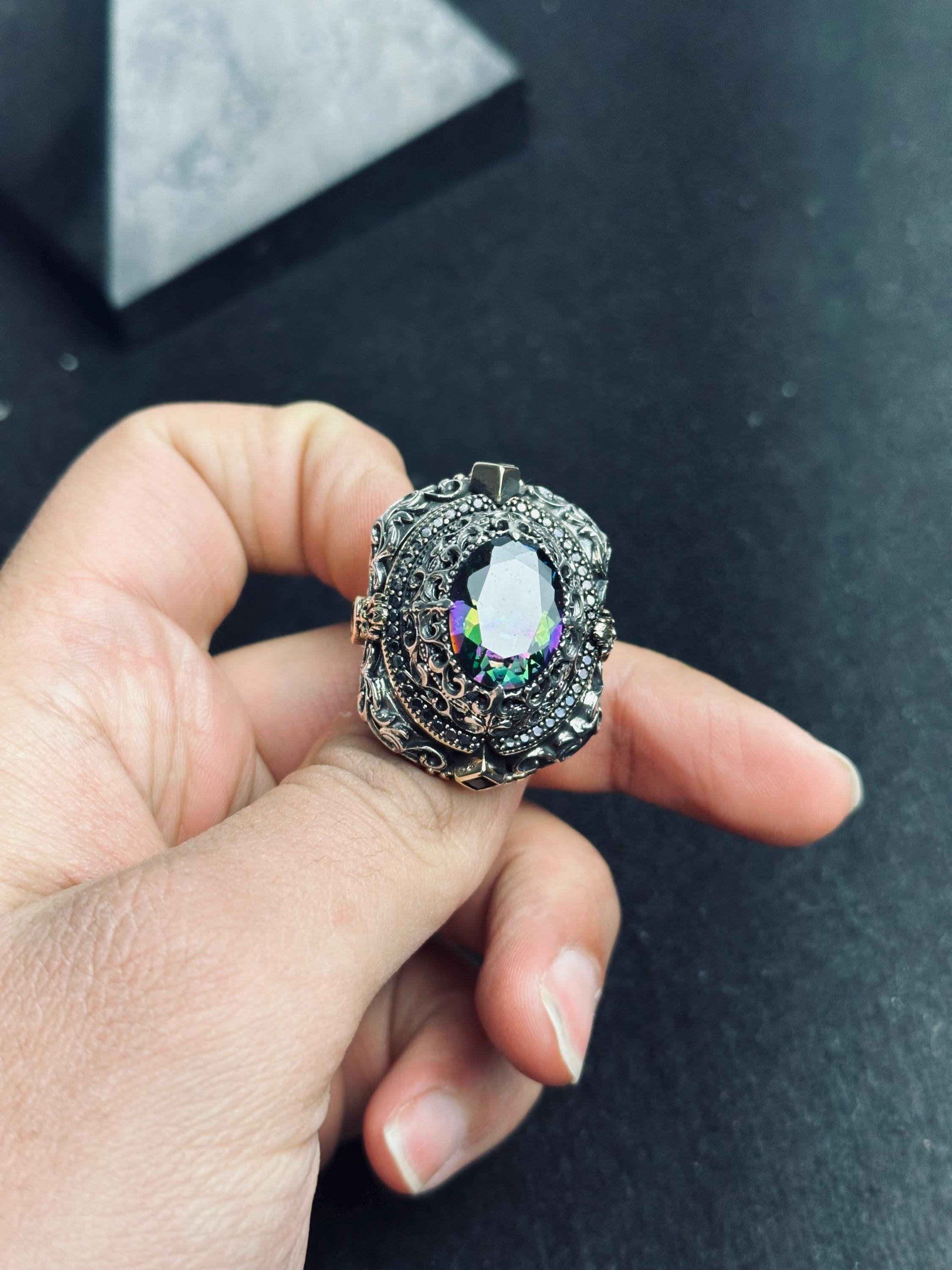 Mistik Topaz Yüzük, 925 Ayar Gümüş, El Yapımı Vintage Tarzı