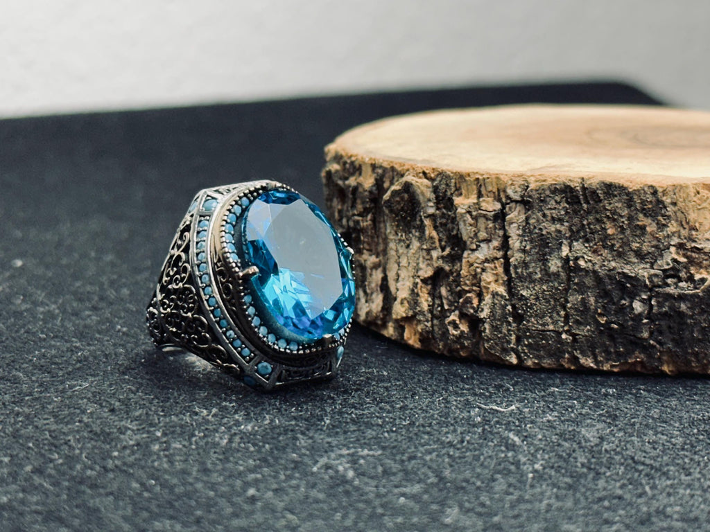 Erkekler için Oval Akuamarin Yüzük - Cesur Vintage Gümüş