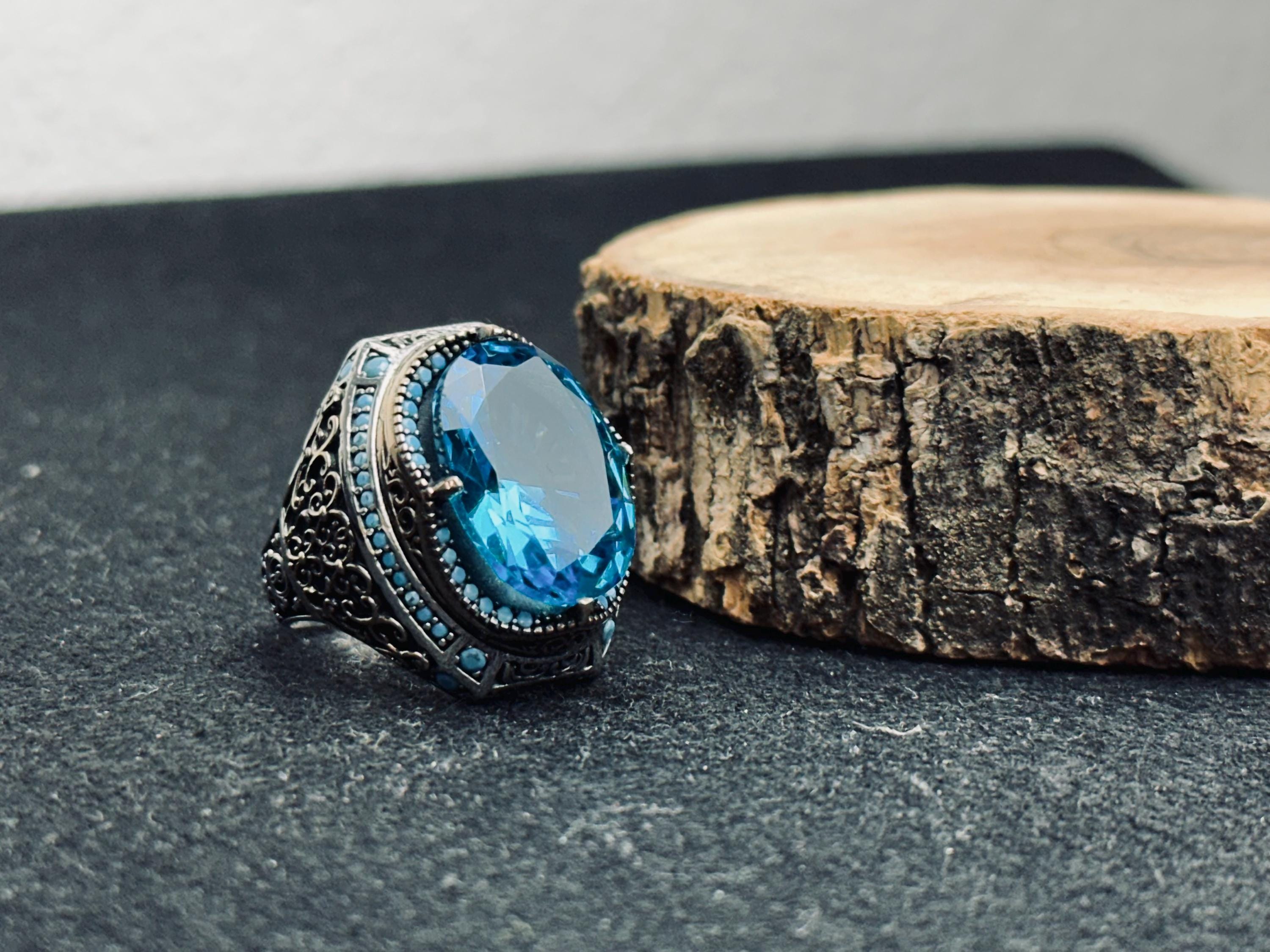 Erkekler için Oval Akuamarin Yüzük - Cesur Vintage Gümüş