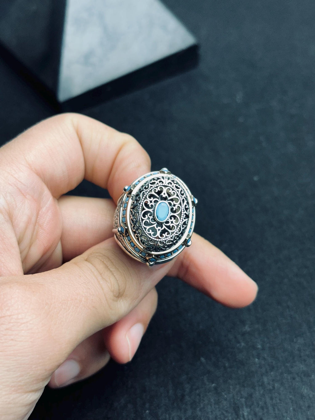 Turkuaz Yüzük: El Yapımı Türk Gümüşü (Oval, Erkek Boy)