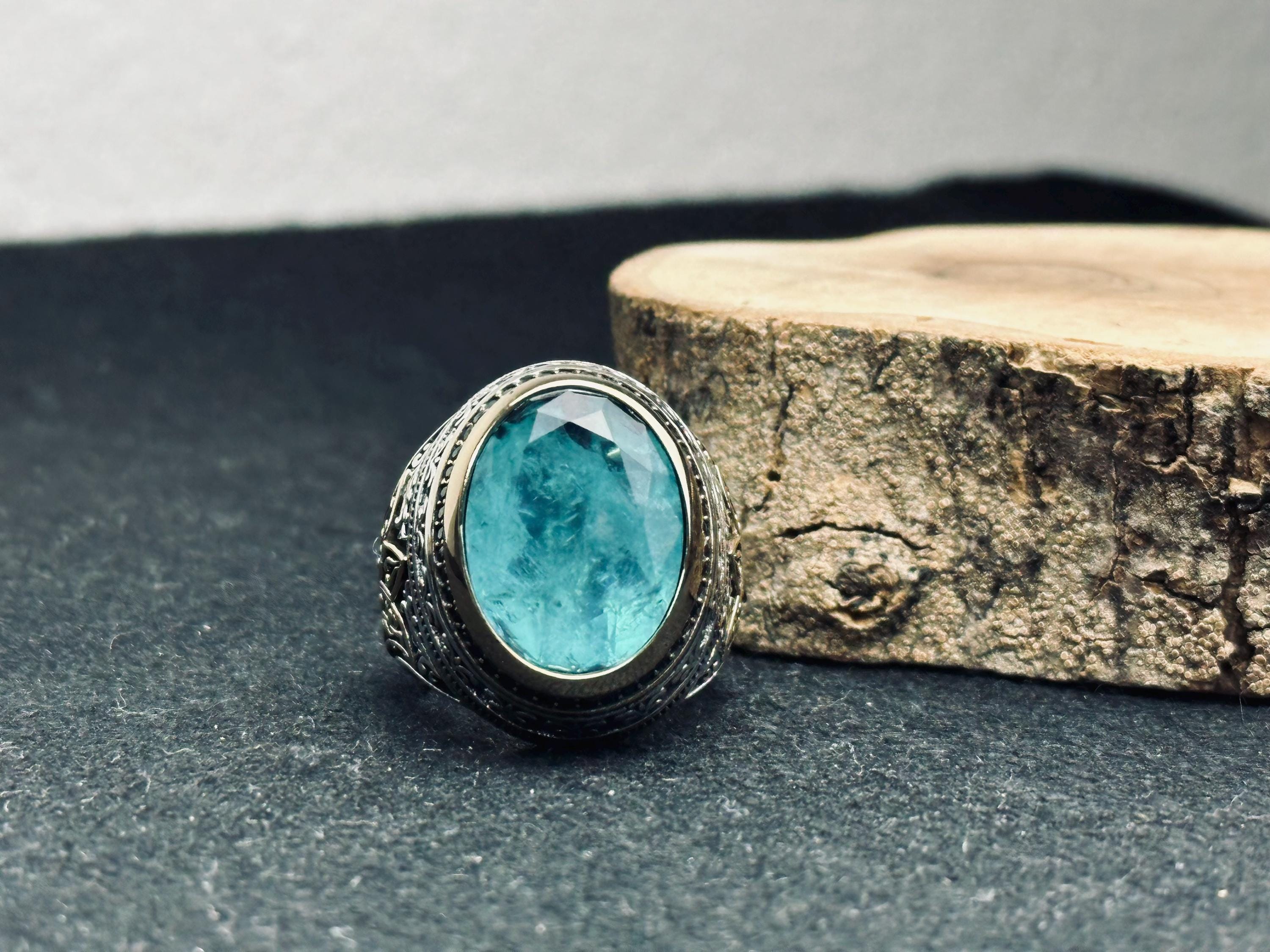 Akuamarin Erkek Yüzüğü: El Yapımı Gümüş Mart Doğum Taşı