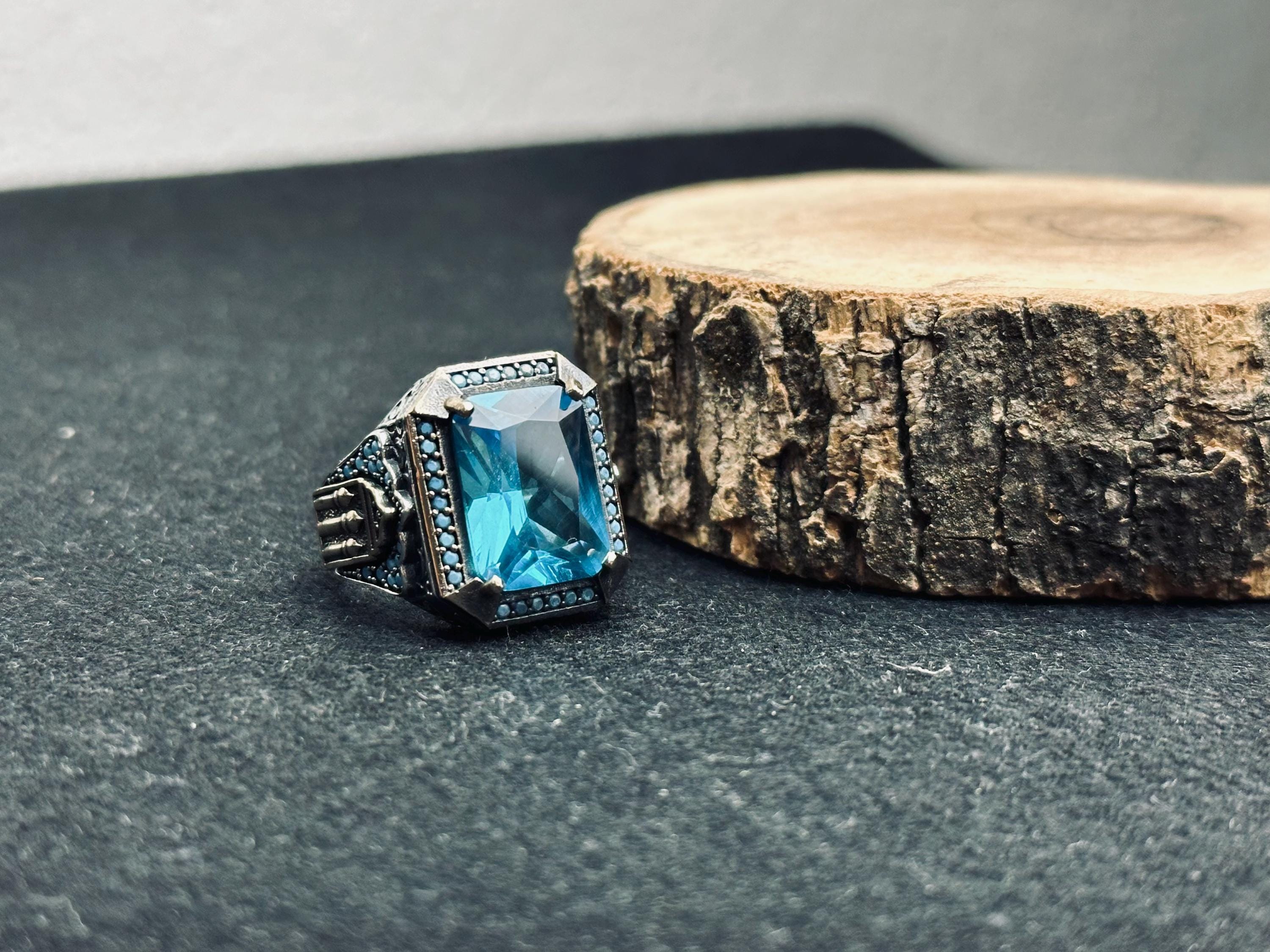 Akuamarin Yüzük: Erkekler İçin Kare Kesim Gümüş (El Yapımı Türk)