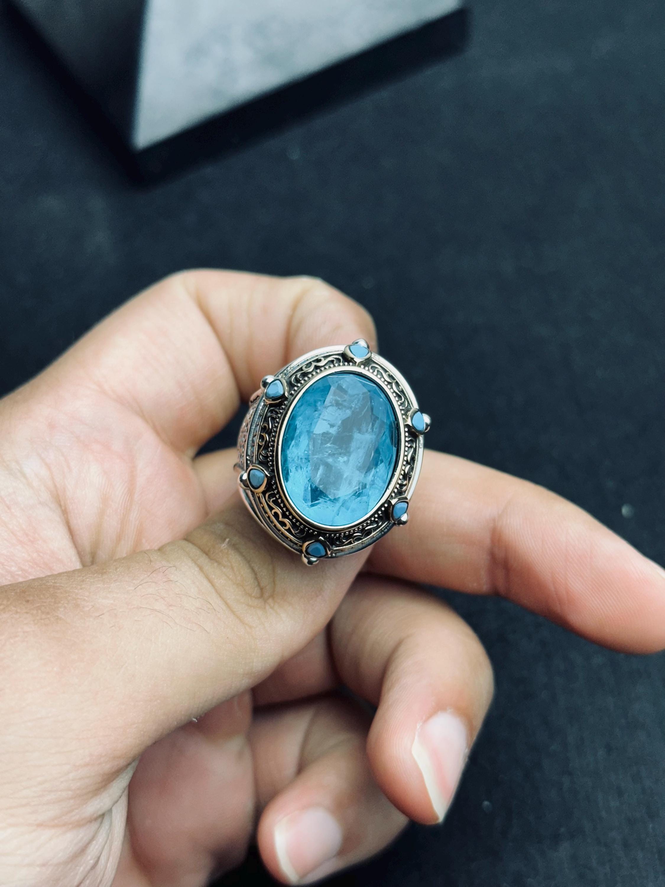 Akuamarin Taşlı Yüzük: El Yapımı Türk Gümüşü (Erkek Boyu)