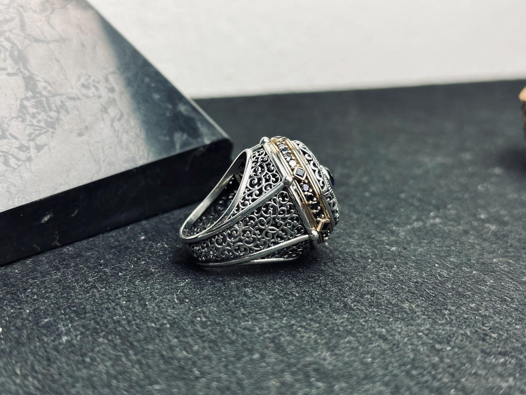 Oval Mavi Zirkon Yüzük: El Yapımı Gümüş, Türk Vintage Tarzı