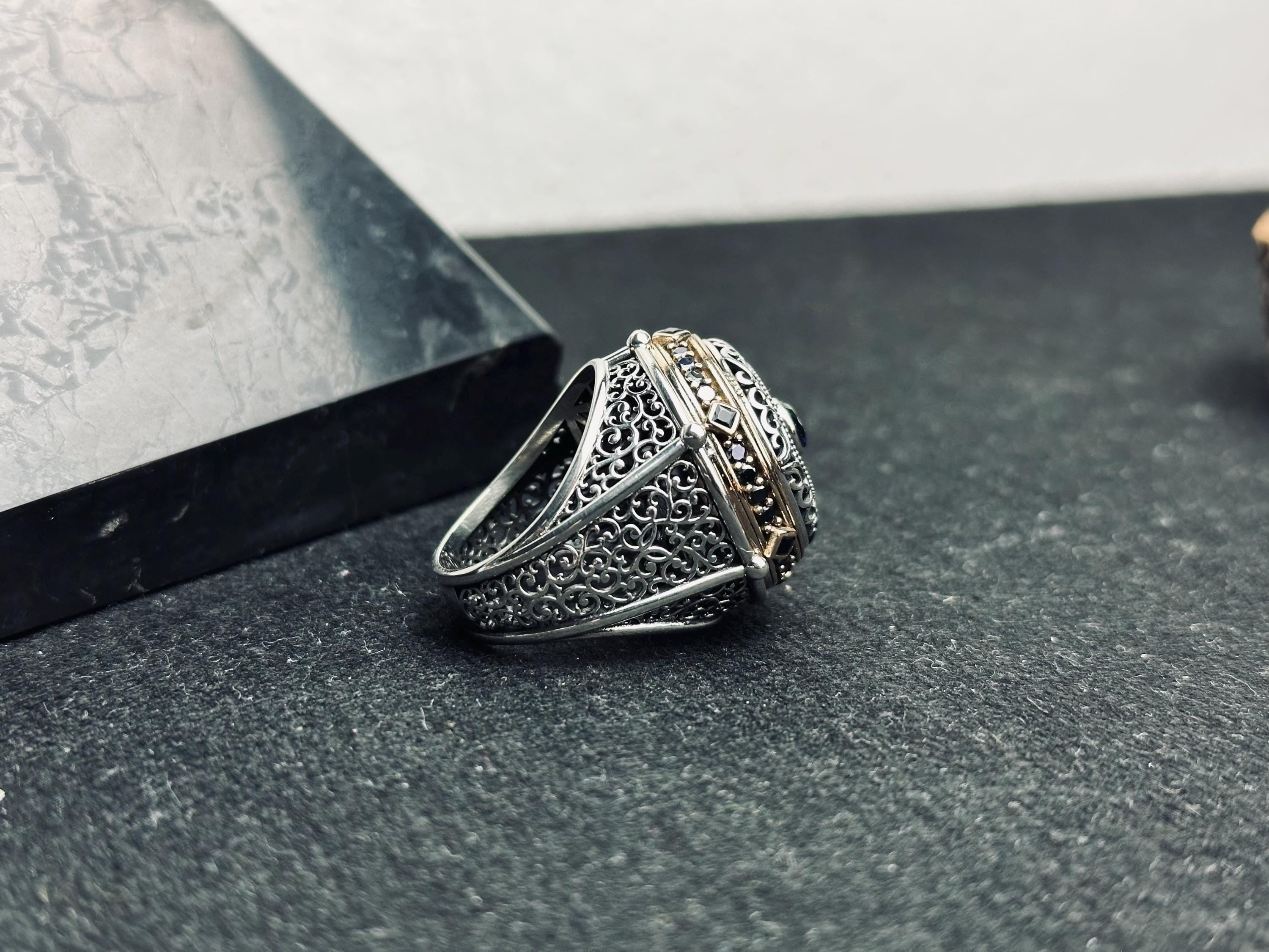 Oval Mavi Zirkon Yüzük: El Yapımı Gümüş, Türk Vintage Tarzı