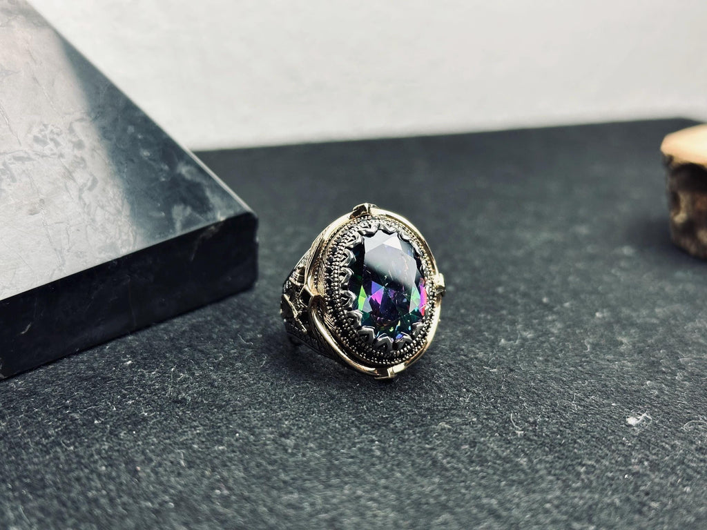 Mistik Topaz Yüzük: Oval Gümüş, Boho Erkek Takı