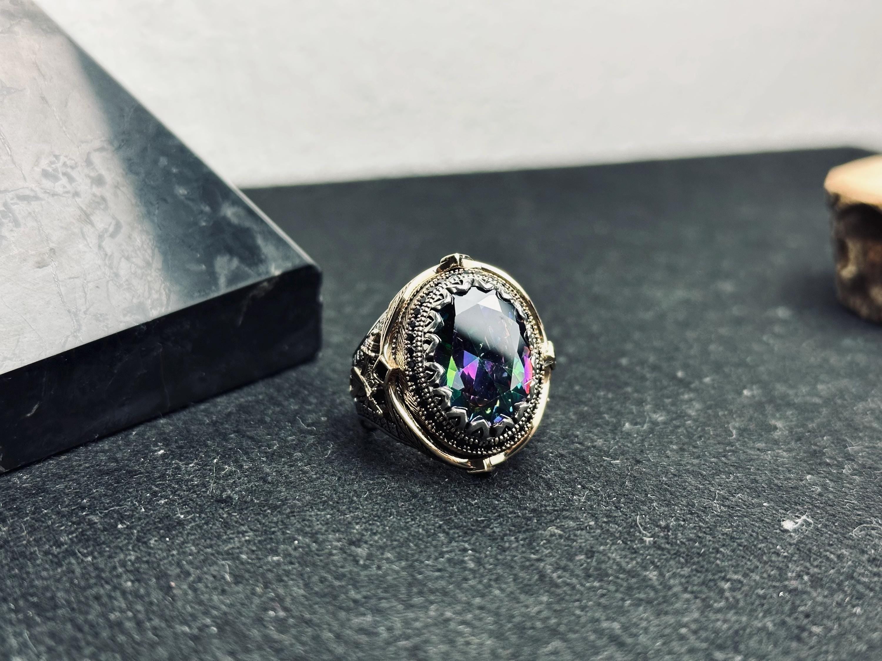 Mistik Topaz Yüzük: Oval Gümüş, Boho Erkek Takı