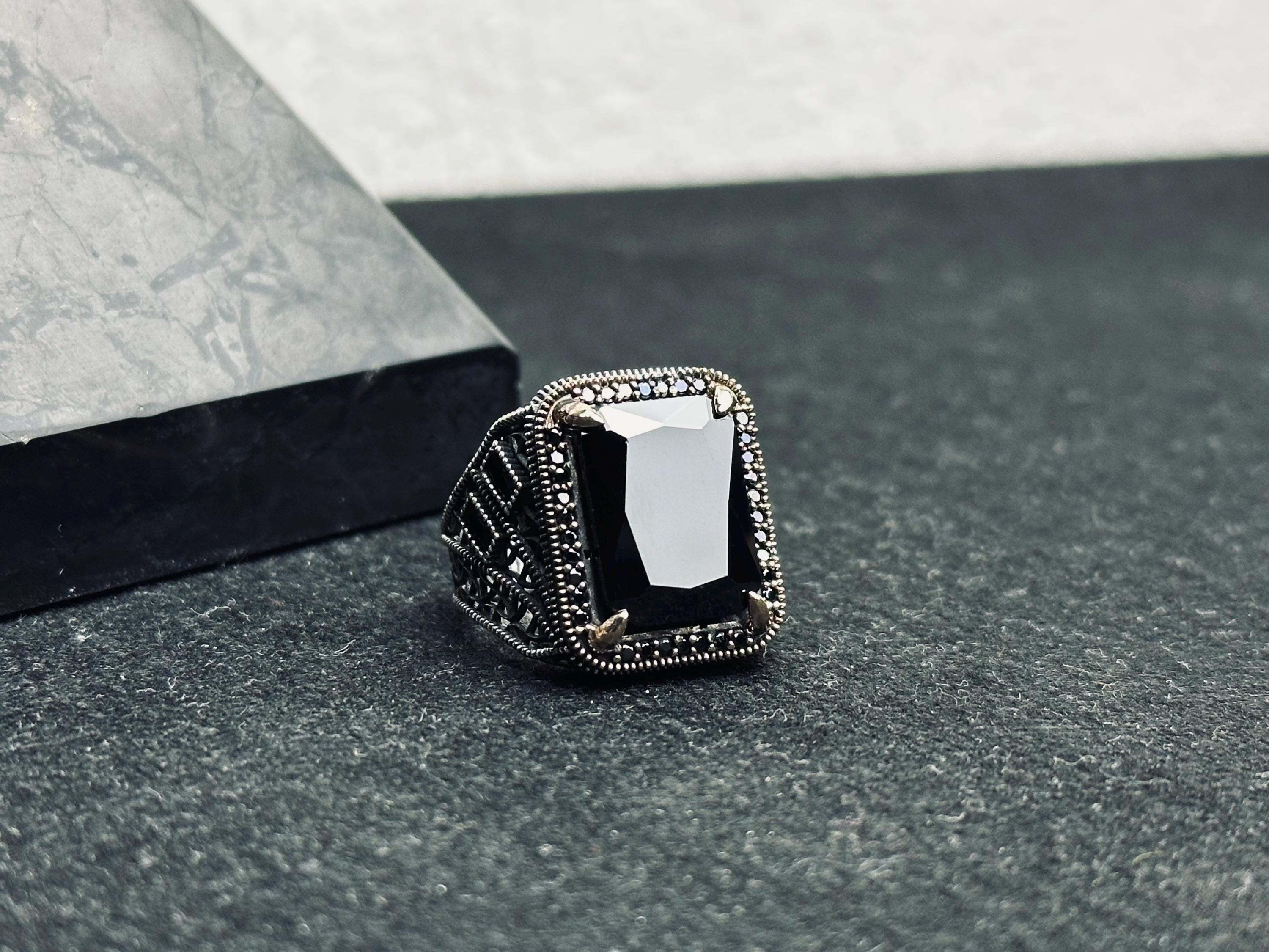 Siyah Zirkon Erkek Yüzük - Gümüş Osmanlı Tarzı