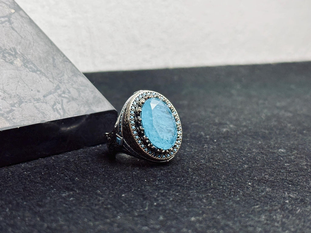 Erkekler için Som Gümüş Mühür Yüzüğü, Oval Akuamarin ve Mavi Paraiba (El Yapımı)
