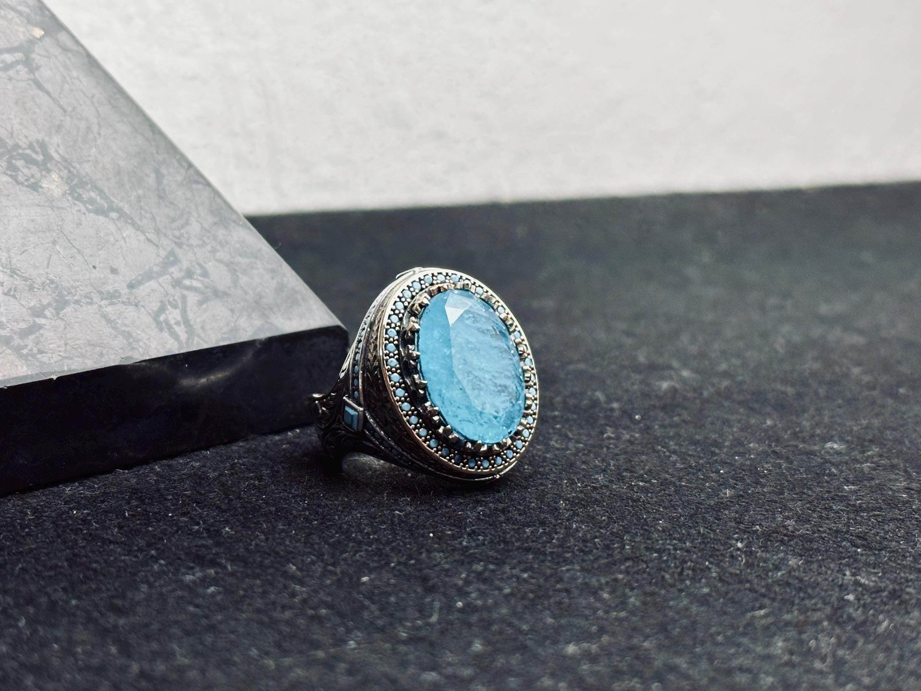 Erkekler için Som Gümüş Mühür Yüzüğü, Oval Akuamarin ve Mavi Paraiba (El Yapımı)