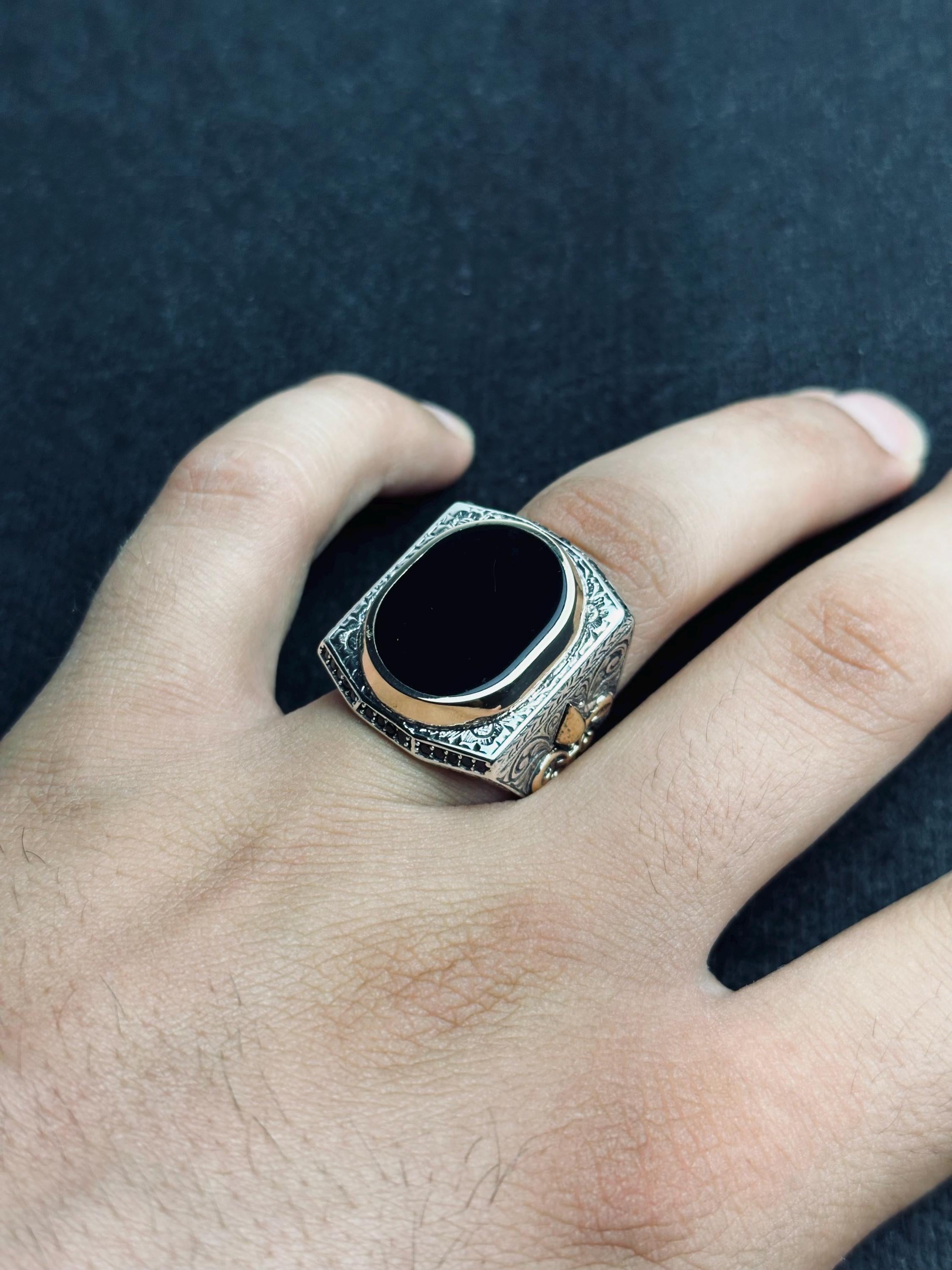 Siyah Oniks Statement Yüzük - Gümüş, Oval, El Yapımı