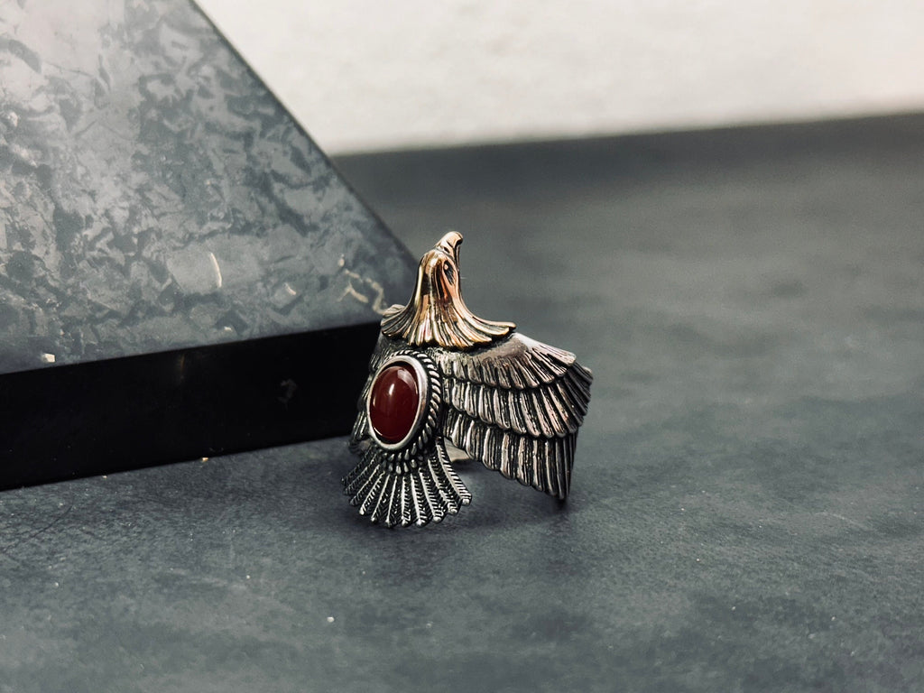 Oksitlenmiş Kartal Yüzük - Gümüş, Ayarlanabilir, Akik Taşlı