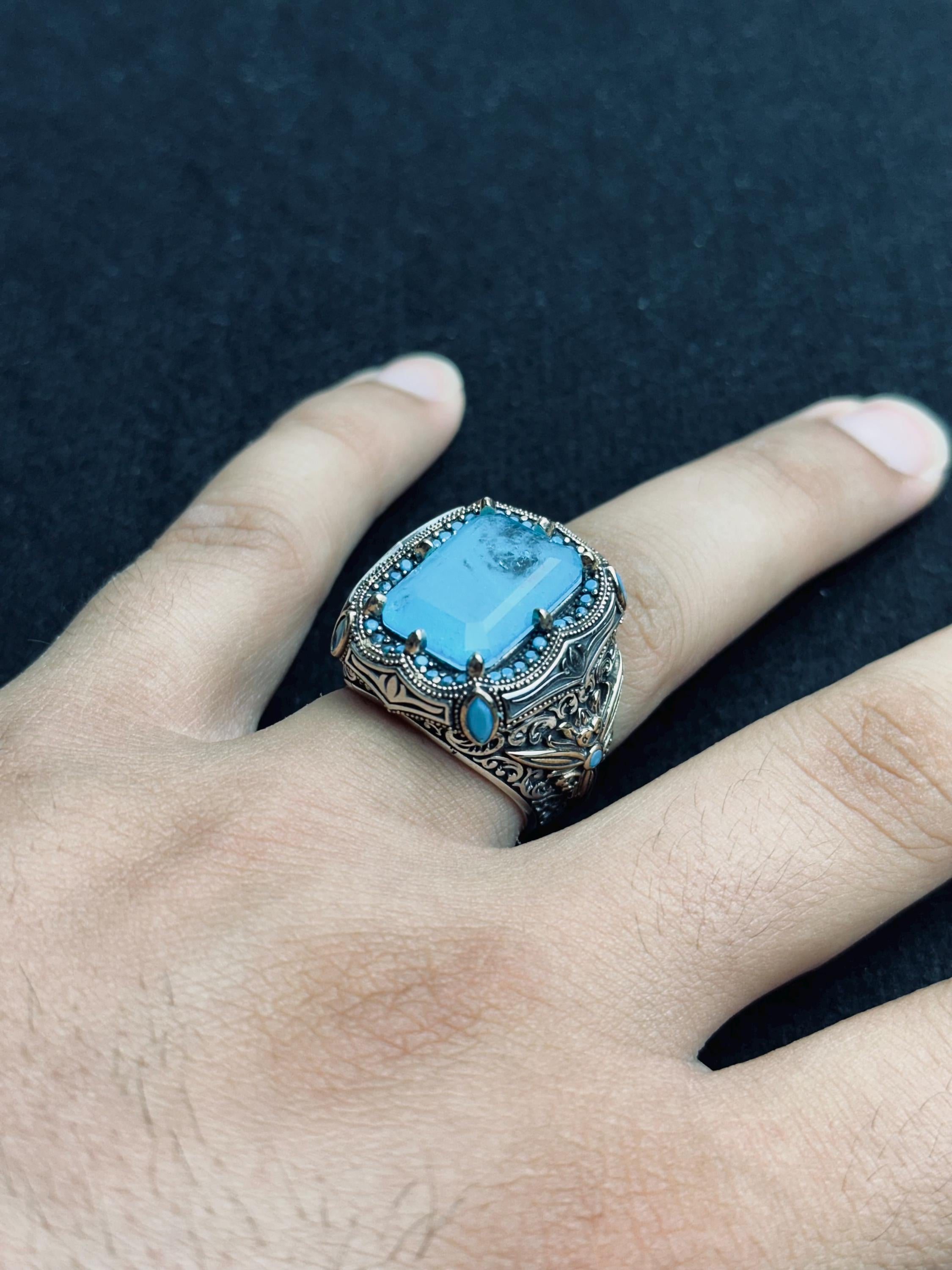 Akuamarin Yüzük: El Yapımı Erkek Gümüş (Osmanlı Aslan Başı)