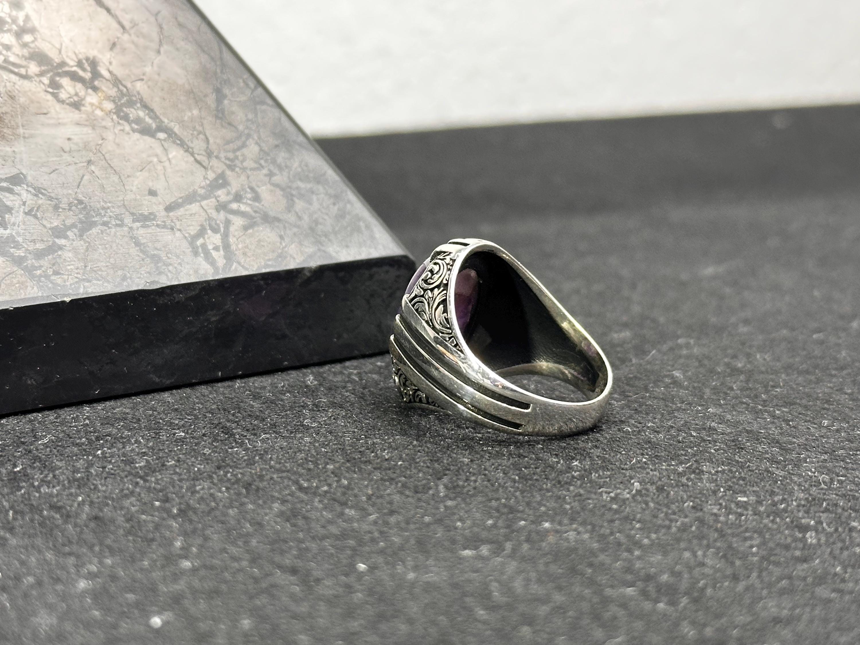 Ametist Değerli Taş Yüzük: El Yapımı Gümüş (Erkek Bedeni)
