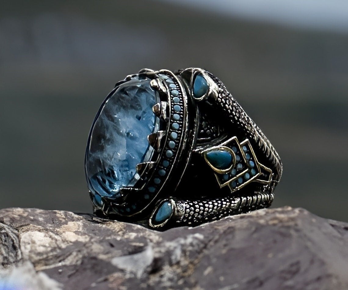 Paraiba Turmalin Erkek Yüzük - Som Gümüş, Kartal Motifli El Yapımı