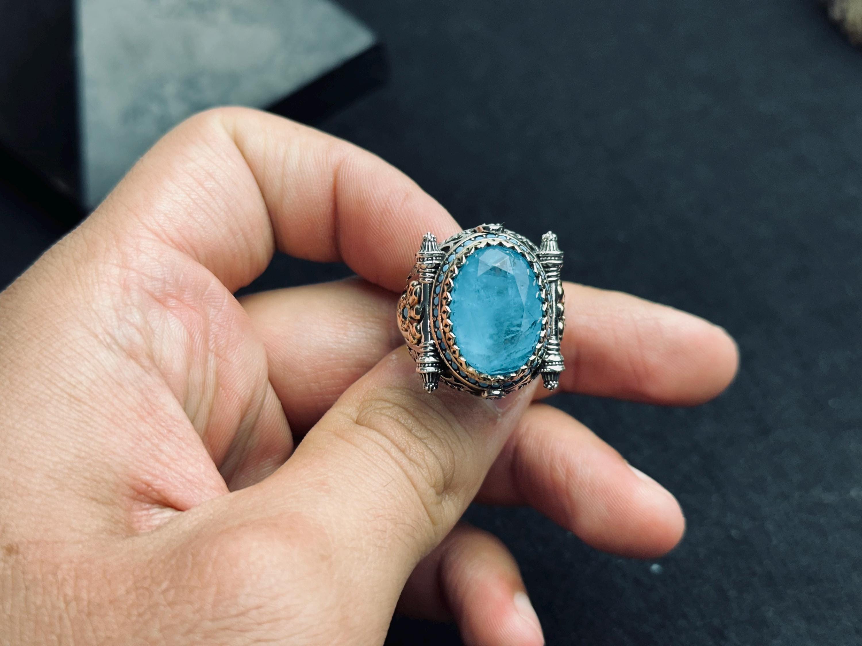 Akuamarin Mühür Yüzüğü - Sterlin Gümüş Oval Mavi Taş