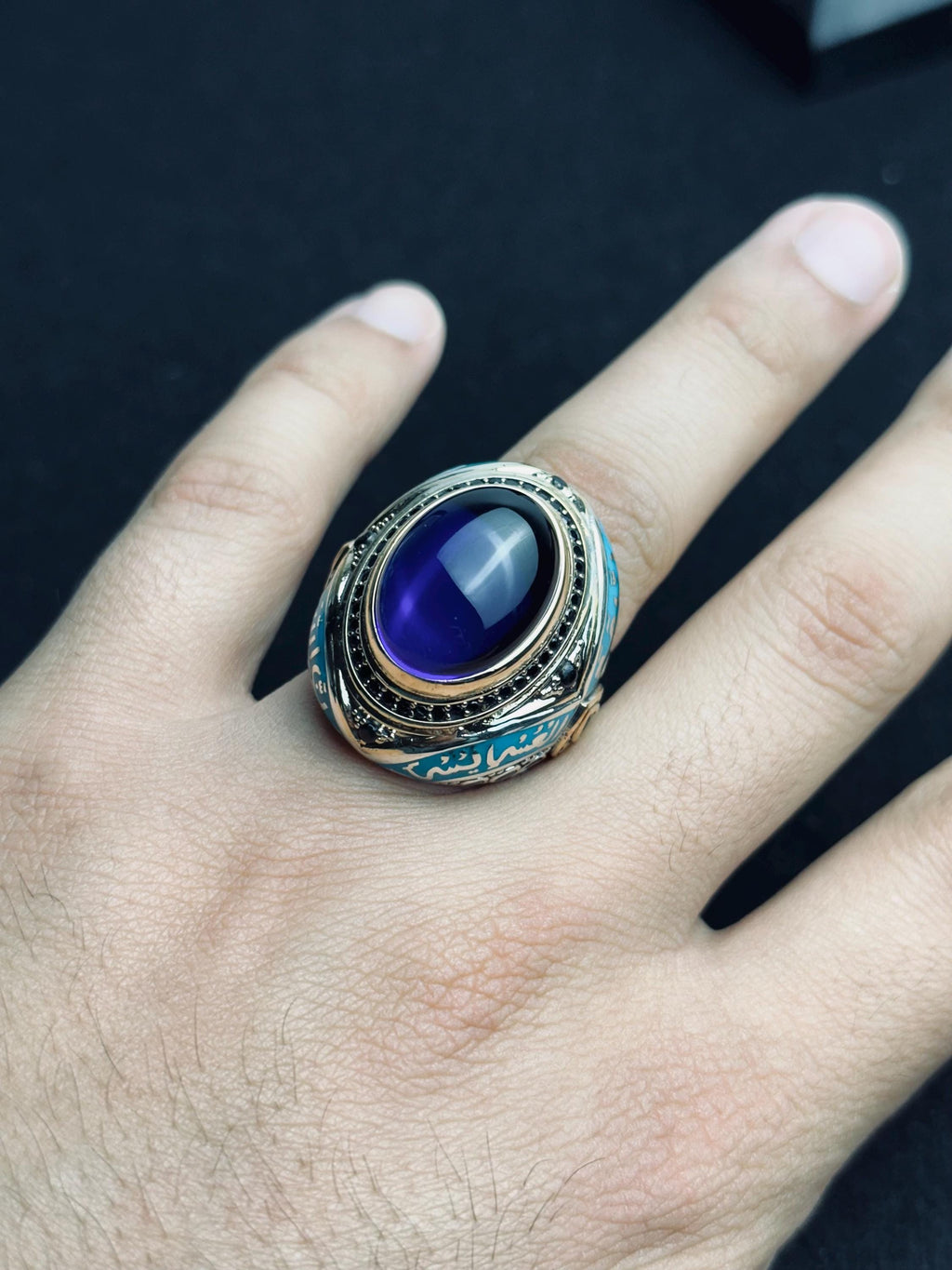 İslami Gümüş Yüzük: Mavi Zirkon Oval Taş (El Yapımı Türk Takı)