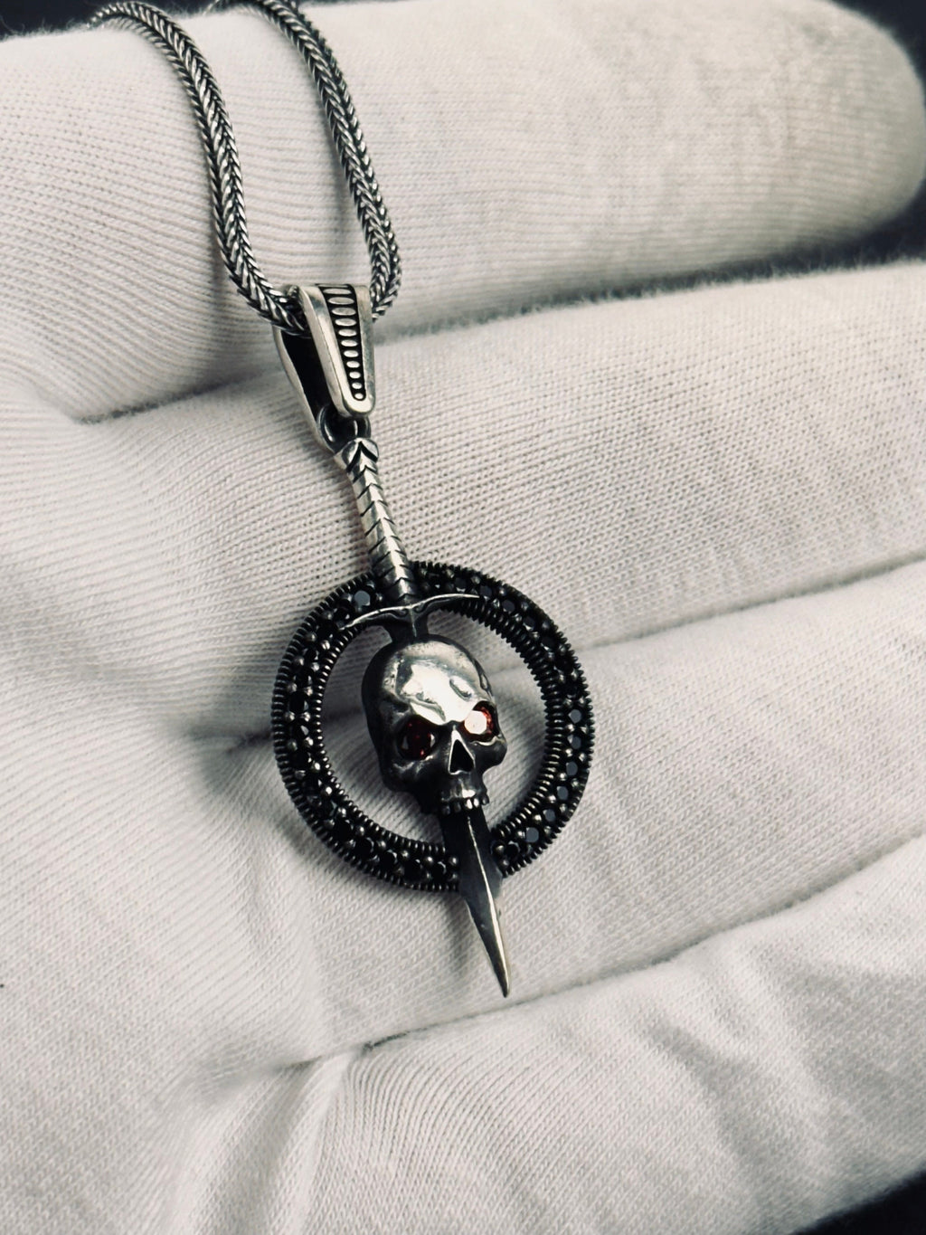 Gotik Sterlin Gümüş Kurukafa Kolye, Kalın Zincir (Katmanlı Görünüm)