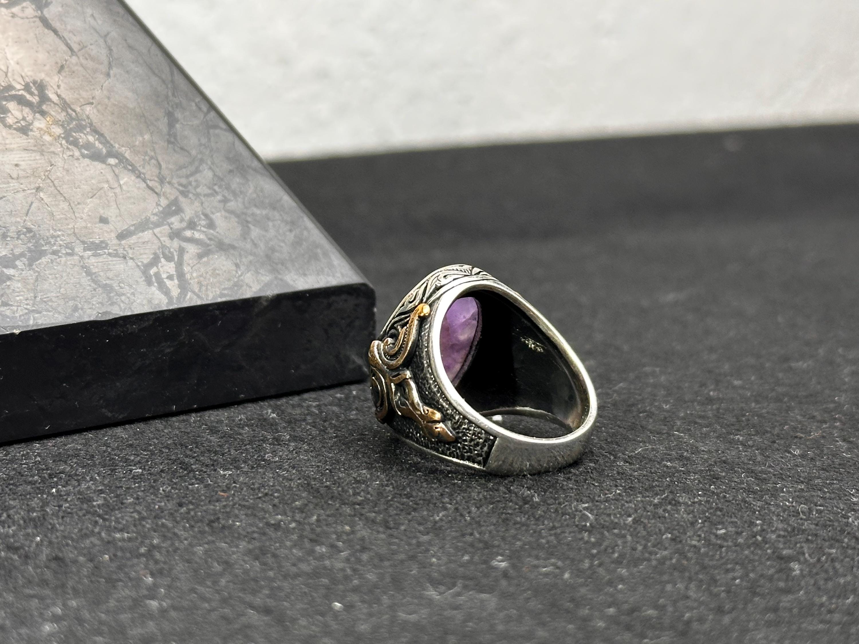 Ametist Gümüş Yüzük - El Yapımı Erkek Değerli Taş Takı