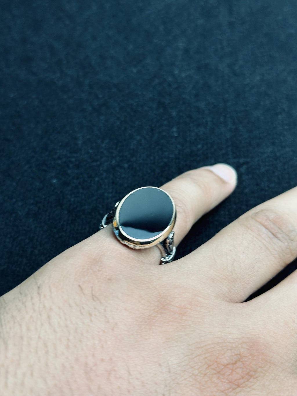 Oval Siyah Oniks Yüzük - El Yapımı Gümüş, Unisex Tarz