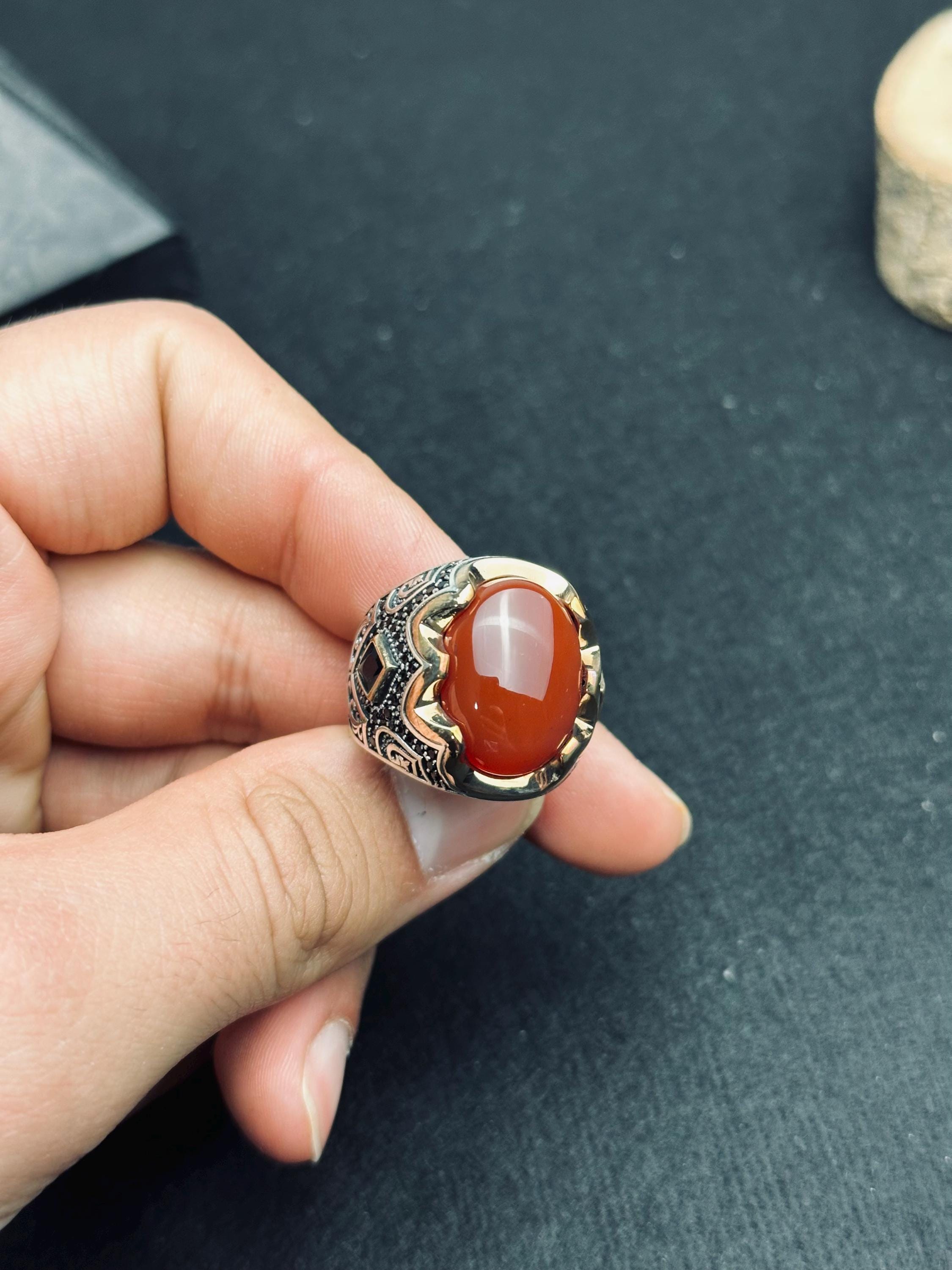 Kırmızı Yemen Akik Yüzük: Oval Akik Taşı, Som Gümüş