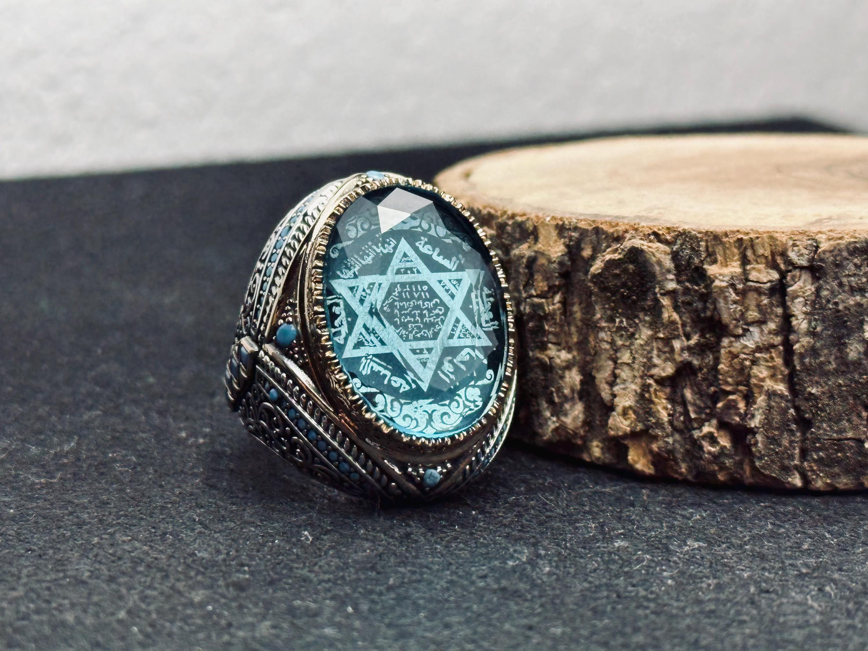 Akuamarin Gümüş Yüzük: El Yapımı Türk Süleyman Mührü Tasarımı