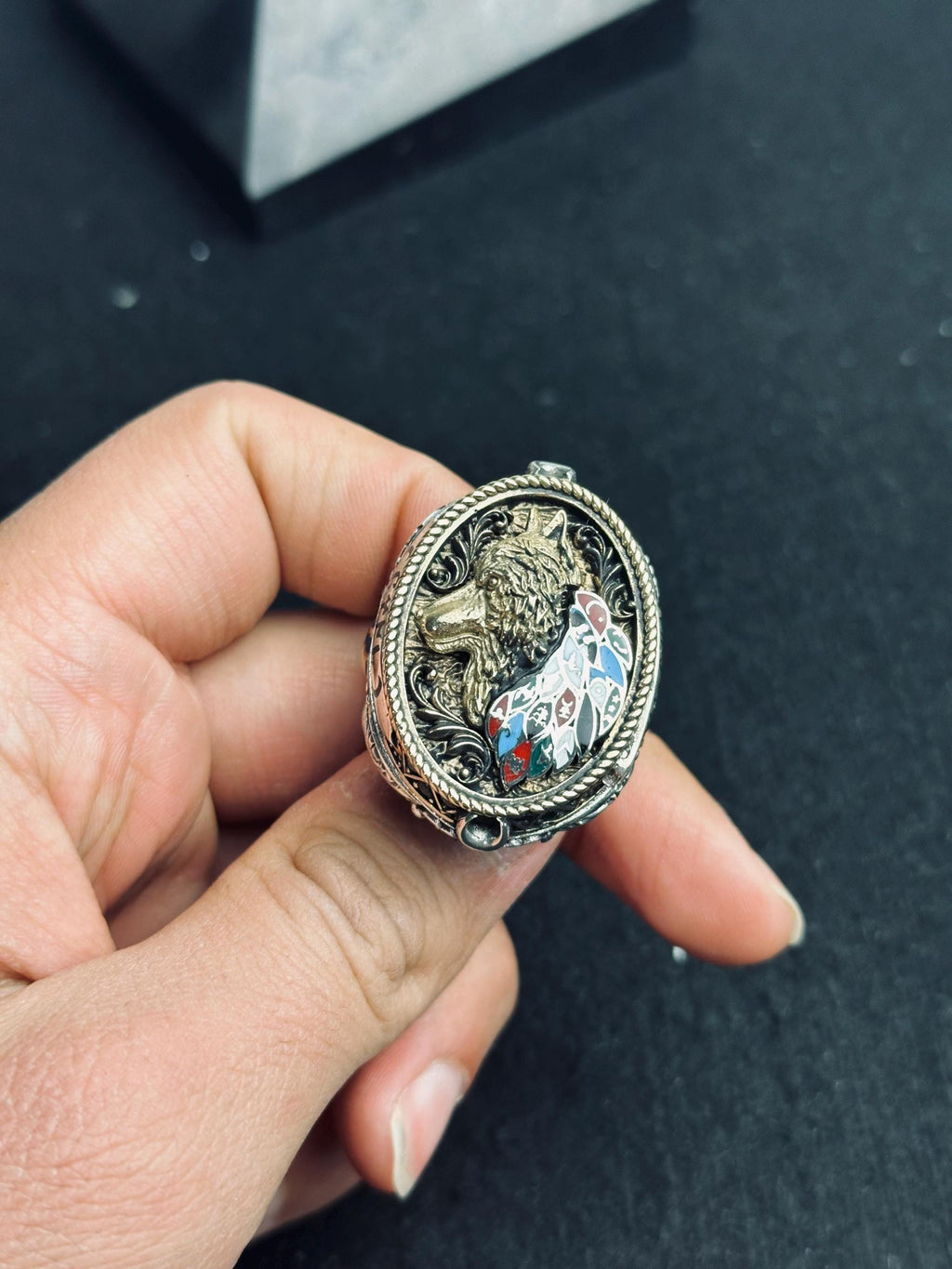 Kurt Başı Yüzük, 925 Ayar Gümüş, El Yapımı Vatansever Takı