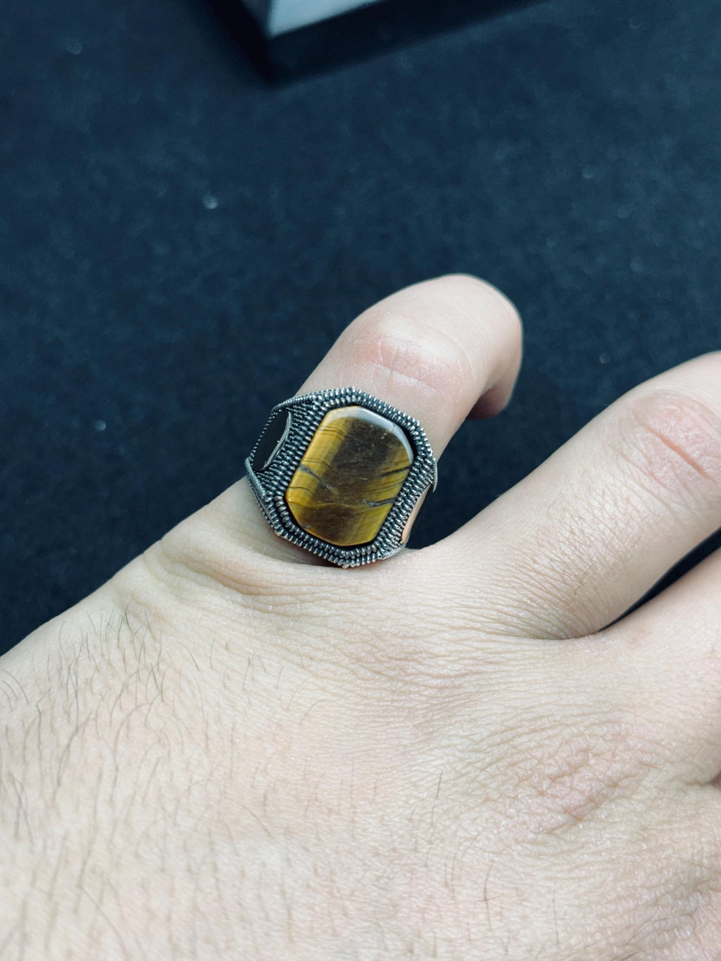 Erkek Kaplan Gözü Yüzük, Som Gümüş Kare (El Yapımı Vintage Stil)