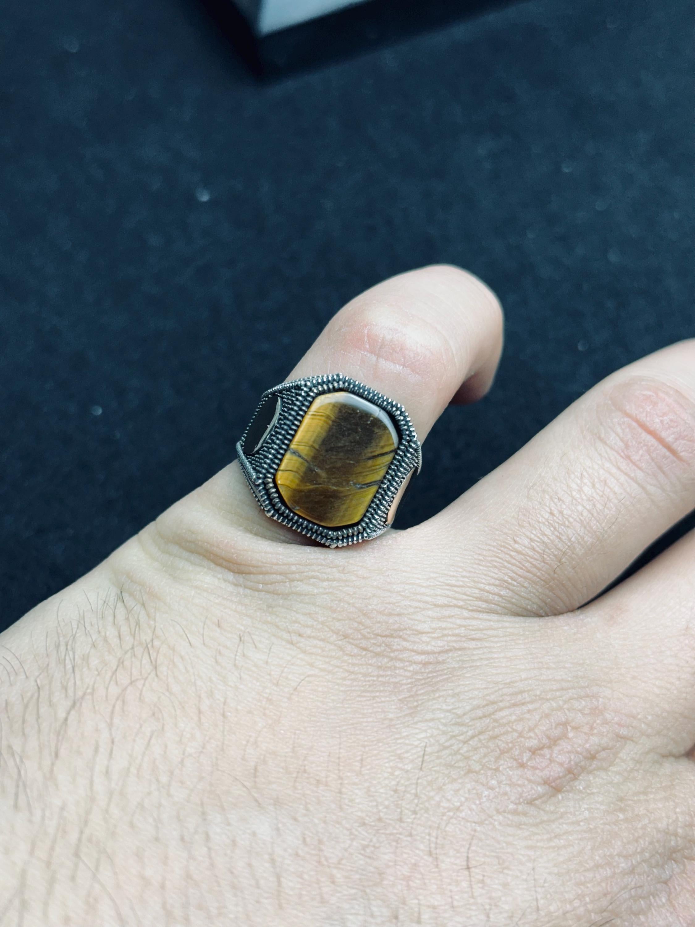 Erkek Kaplan Gözü Yüzük, Som Gümüş Kare (El Yapımı Vintage Stil)