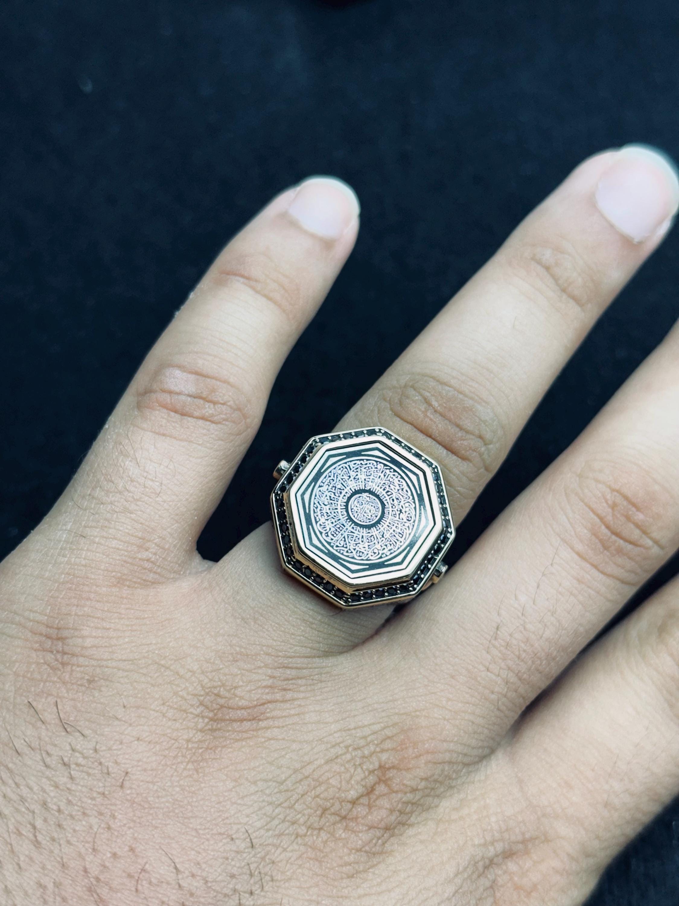 İslami Gümüş Yüzük, Sekizgen Dua, Arapça Hat Sanatı (Unisex)