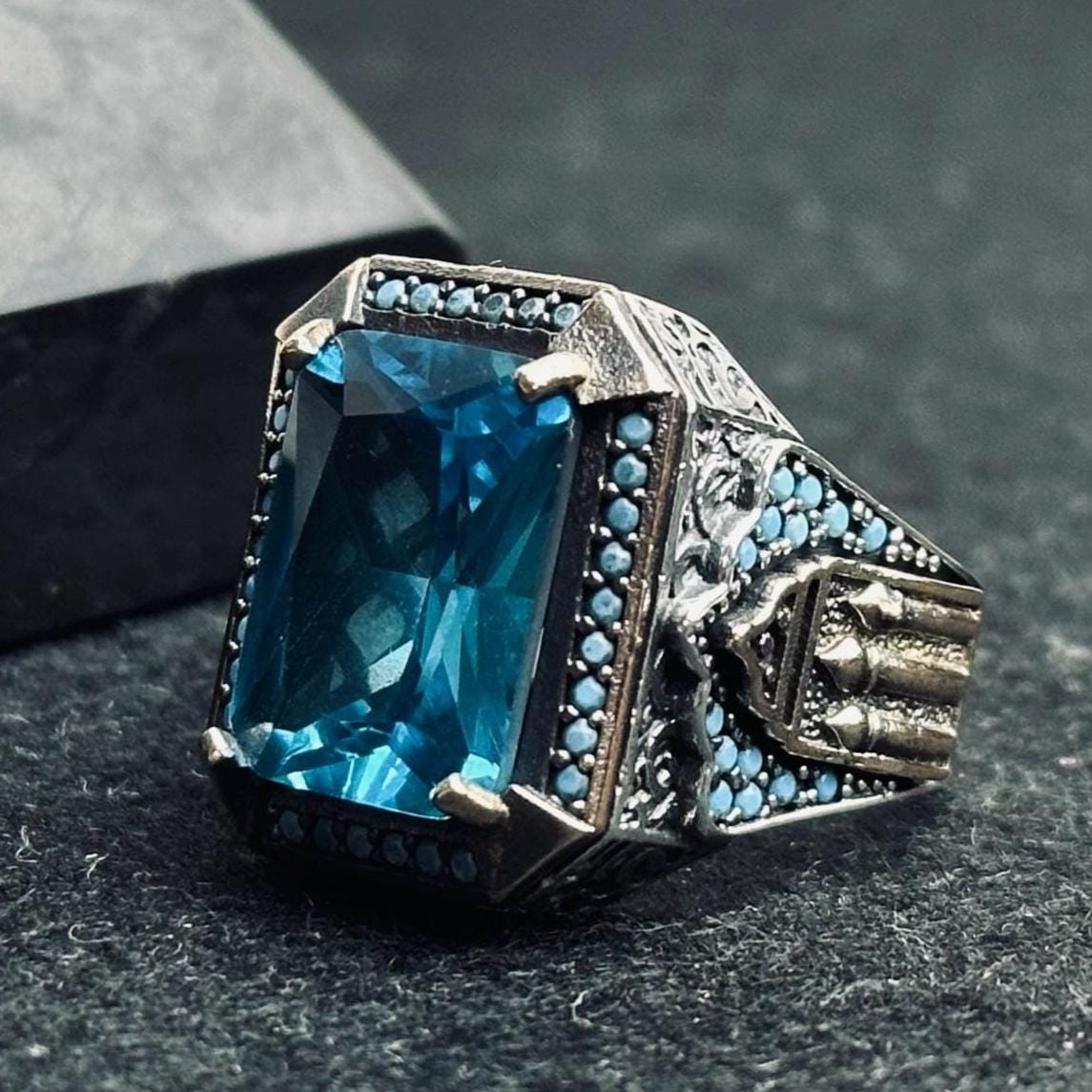 Akuamarin Yüzük: Erkekler İçin Kare Kesim Gümüş (El Yapımı Türk)