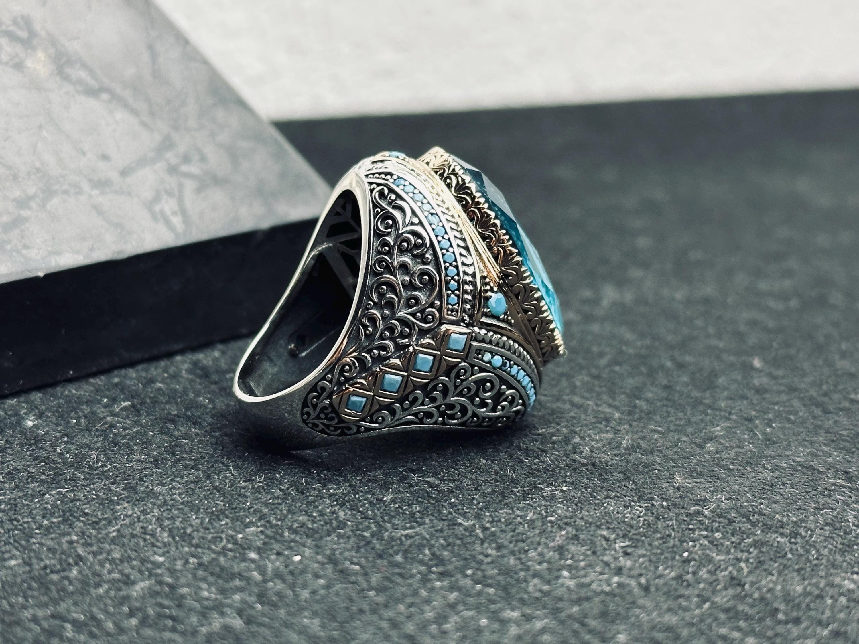 Akuamarin Gümüş Yüzük: El Yapımı Türk Süleyman Mührü Tasarımı