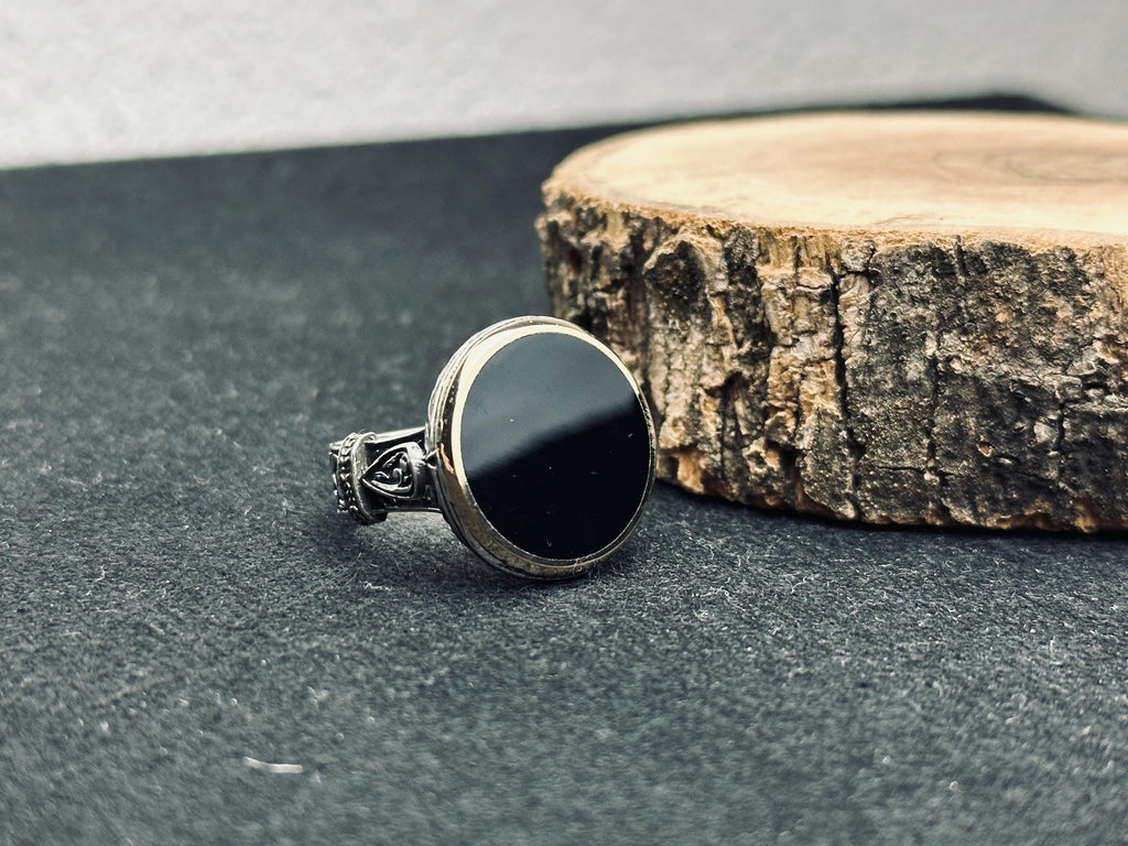 Oval Oniks Mühür Yüzüğü - Vintage El Yapımı 925 Ayar Gümüş