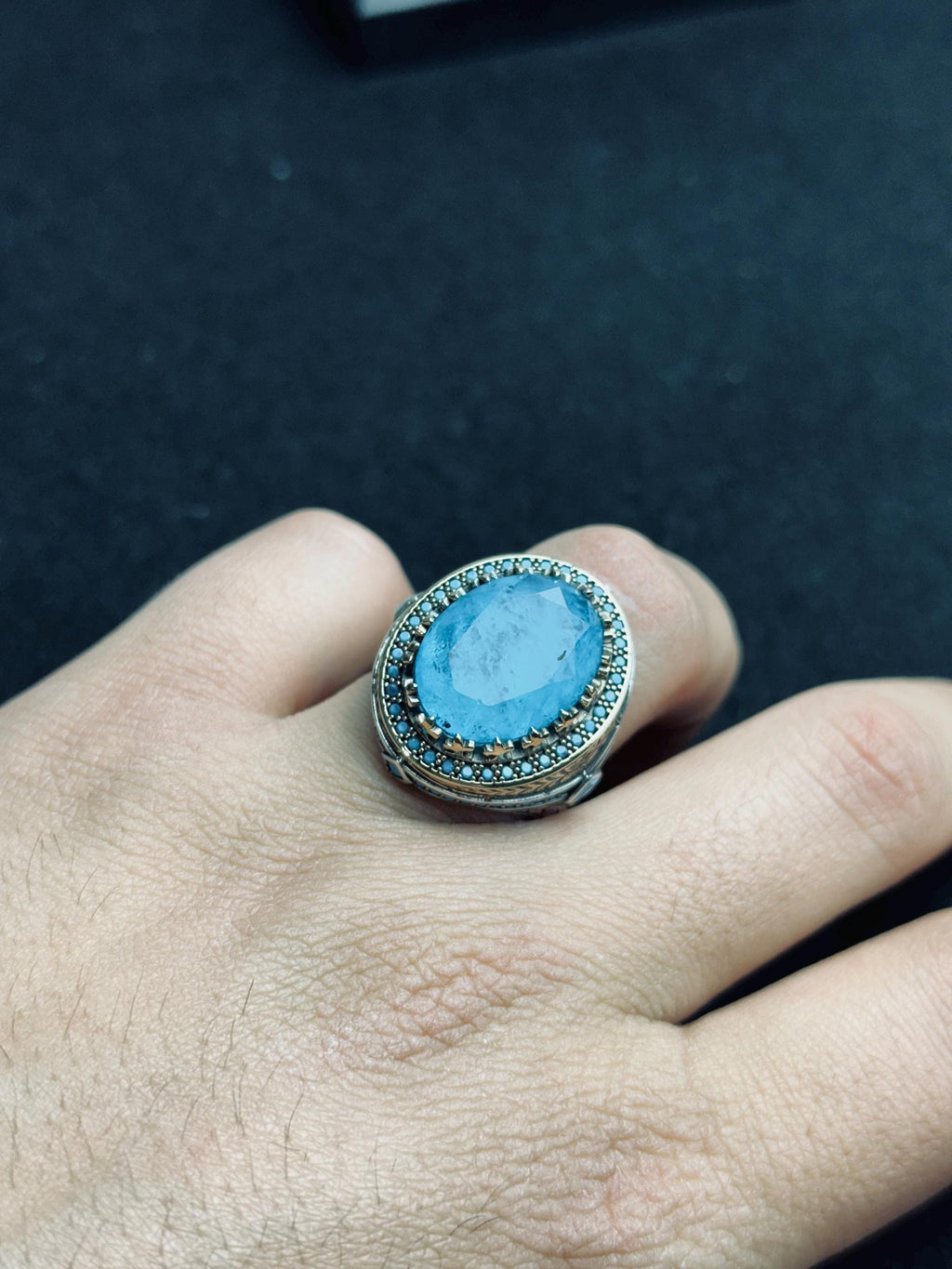 Erkekler için Som Gümüş Mühür Yüzüğü, Oval Akuamarin ve Mavi Paraiba (El Yapımı)