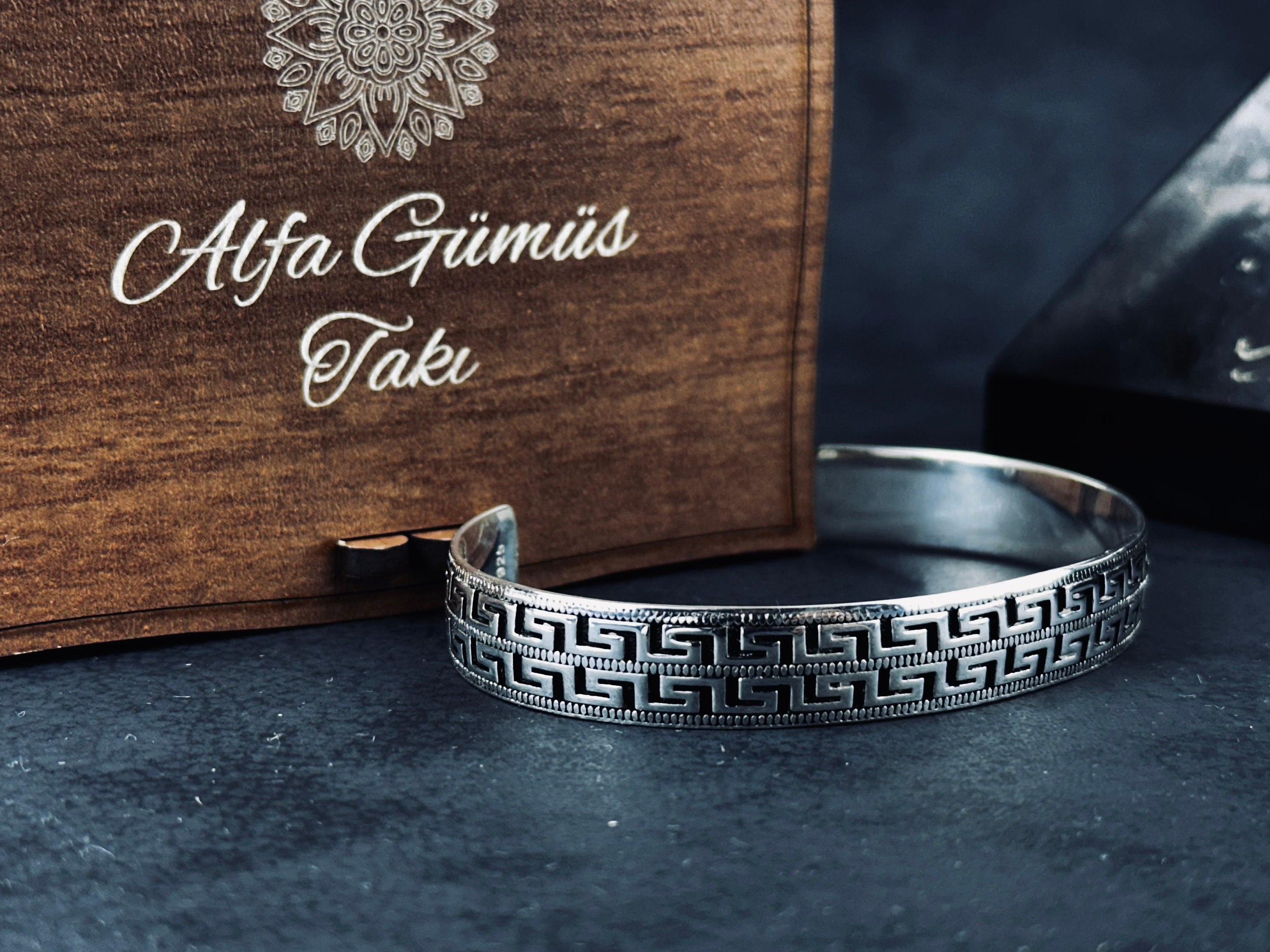 925 Ayar Gümüş Yunan Anahtarı Bileklik - El Yapımı Unisex Kelepçe