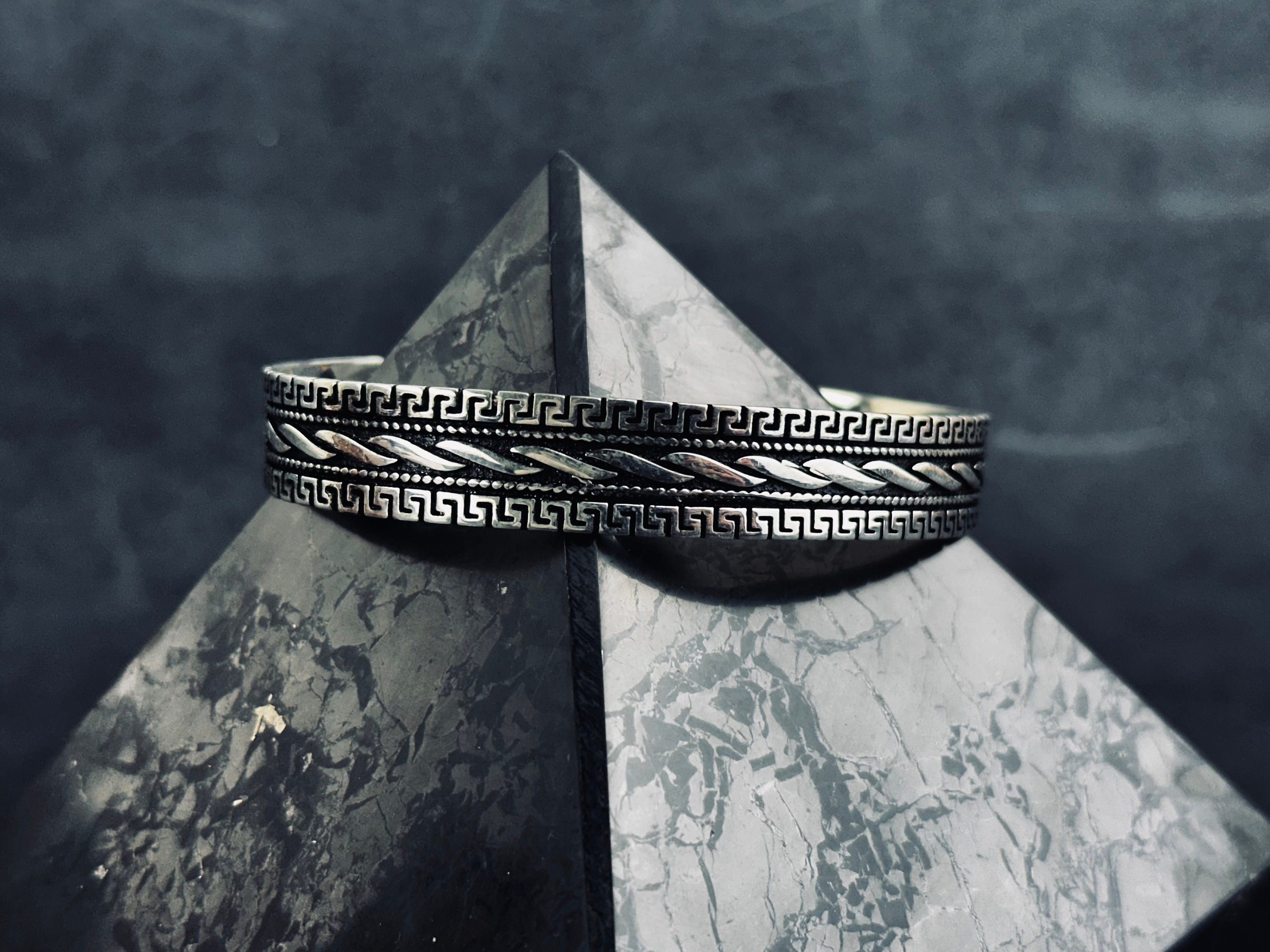 Yunan Sterlin Gümüş Kelepçe Bileklik, El Yapımı Ayarlanabilir (Unisex)