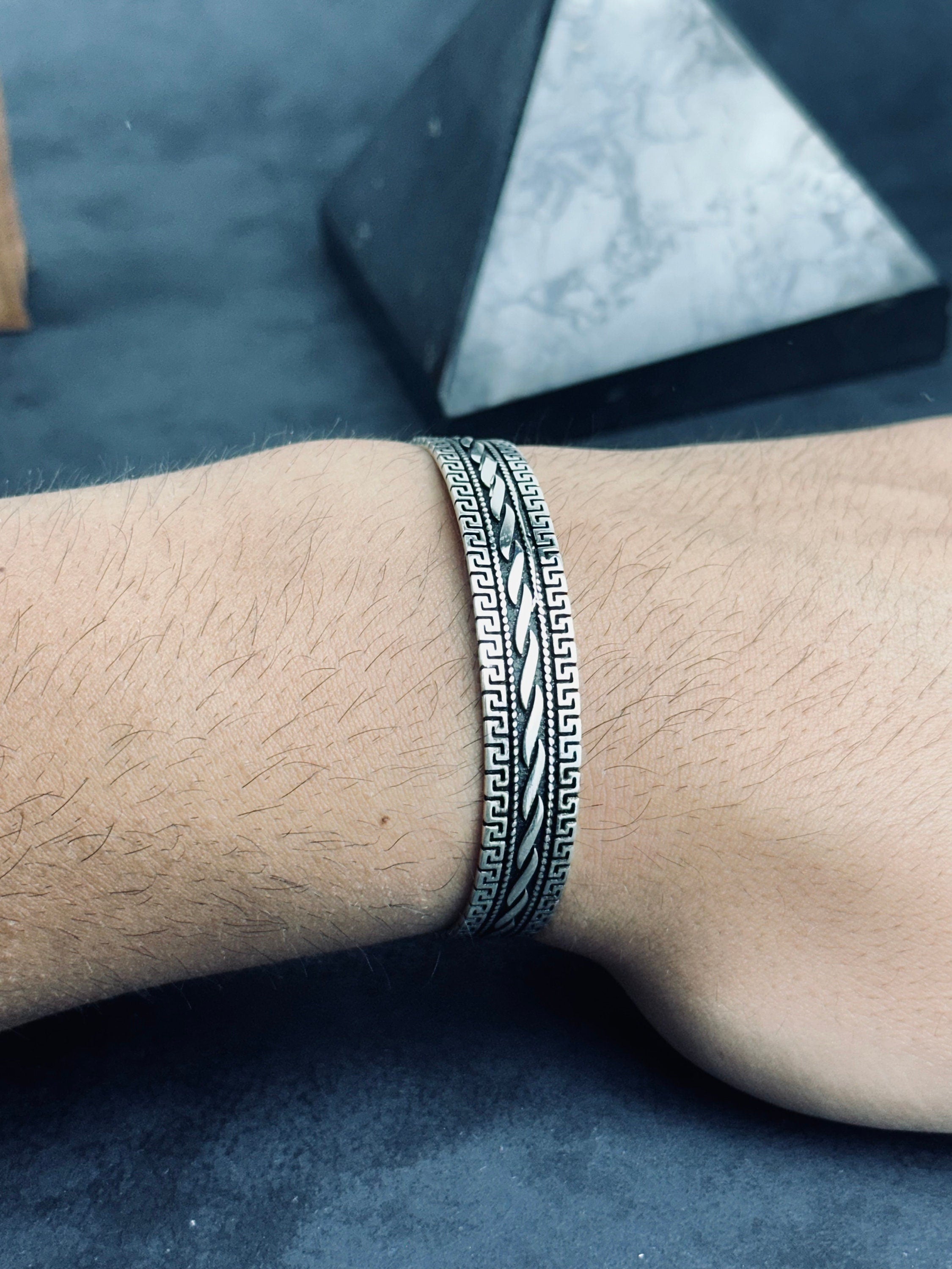 Yunan Sterlin Gümüş Kelepçe Bileklik, El Yapımı Ayarlanabilir (Unisex)