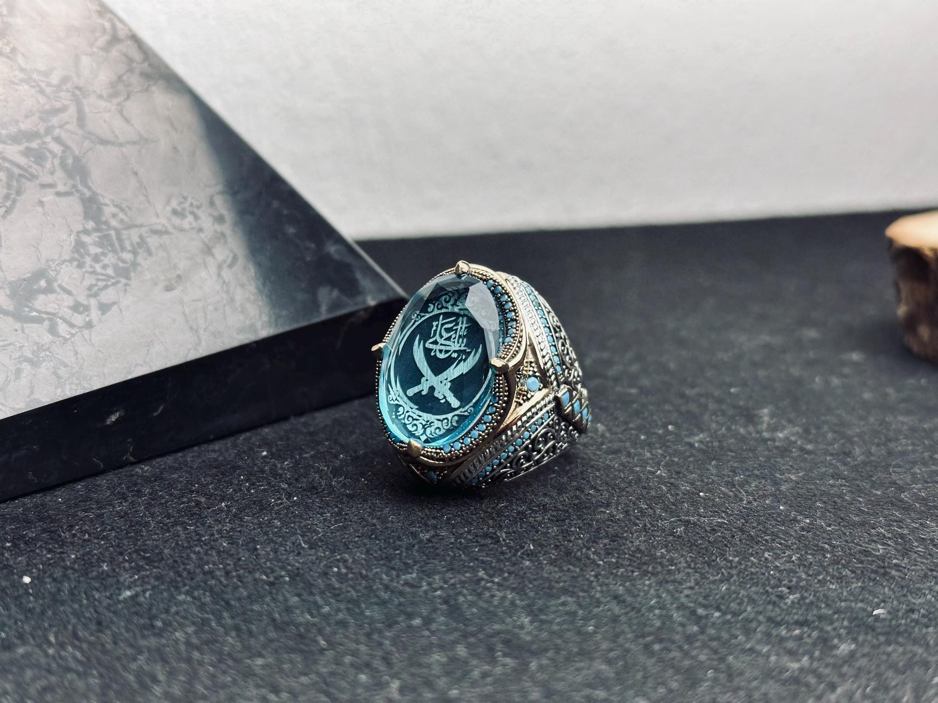 Zülfikar Kılıç Yüzüğü: İslami Gümüş Takı (Mavi Zirkon)